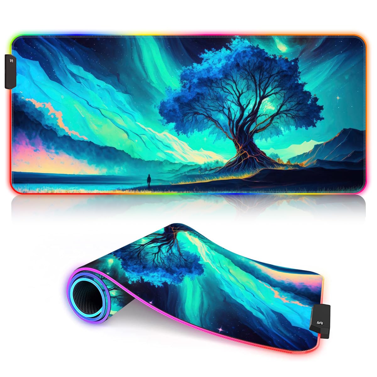 Grand Tapis Souris Jeu à LED RGB 14 Modes Lumineux Antidérapant - Tapis Clavier et Souris Étendu pour PC, Ordinateur Portable, Bureau XXL 15,7 x 35,4 Pouces