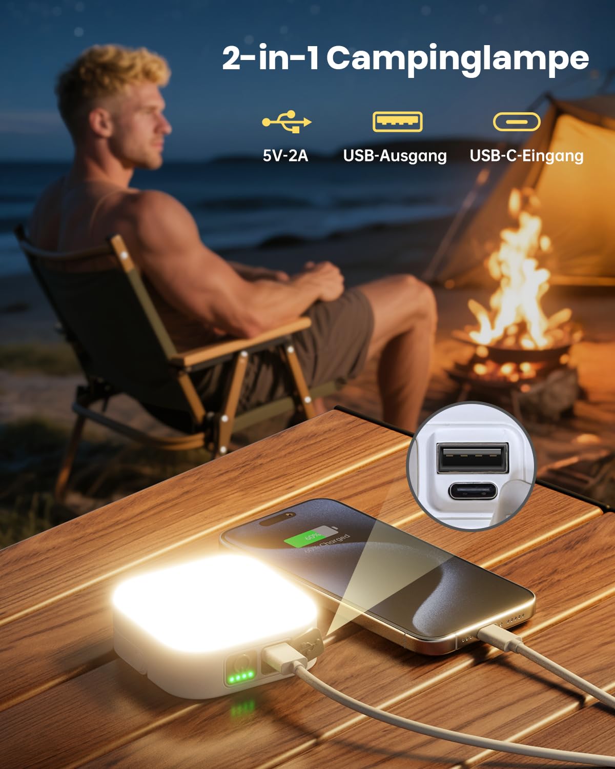 Eventek Campinglampe 4000LM, 10000mAh LED Outdoor Camping Licht Bis zu 100+Stunden & 4 Modi, IP65 Wasserdicht Tragbar Aufladbar Zeltlampe für Camping, Stromausfälle, Wandern, Notfall, 1 Stück Solar