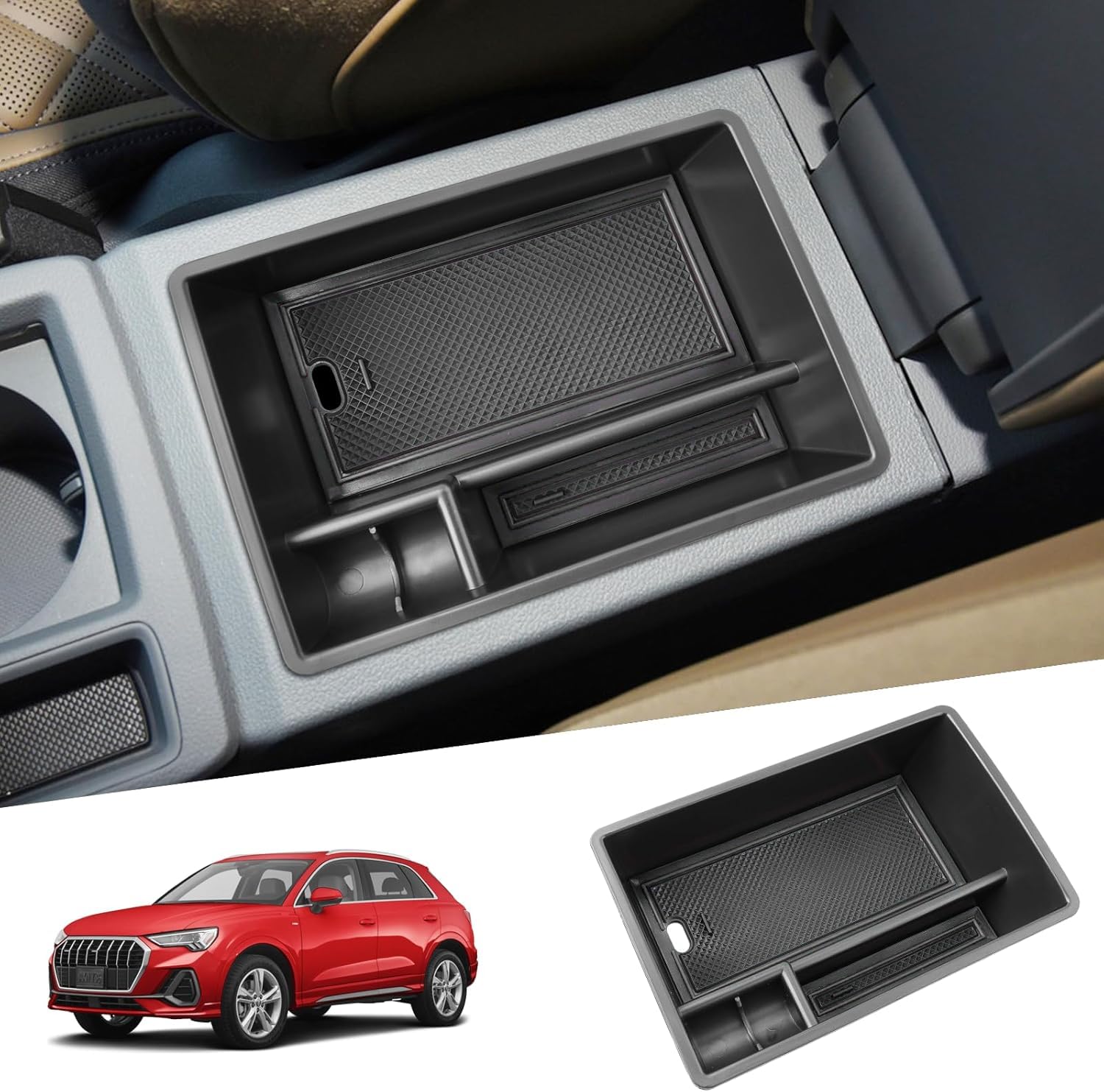 SHAOHAO kompatybilne z Audi Q3 F3 MK2/Sportback 2019-2022 2023 2024, akcesoria, konsola środkowa, pudełko do przechowywania, schowek na rękawiczki, podłokietnik, konsolę środkową, organizer, Audi Q3