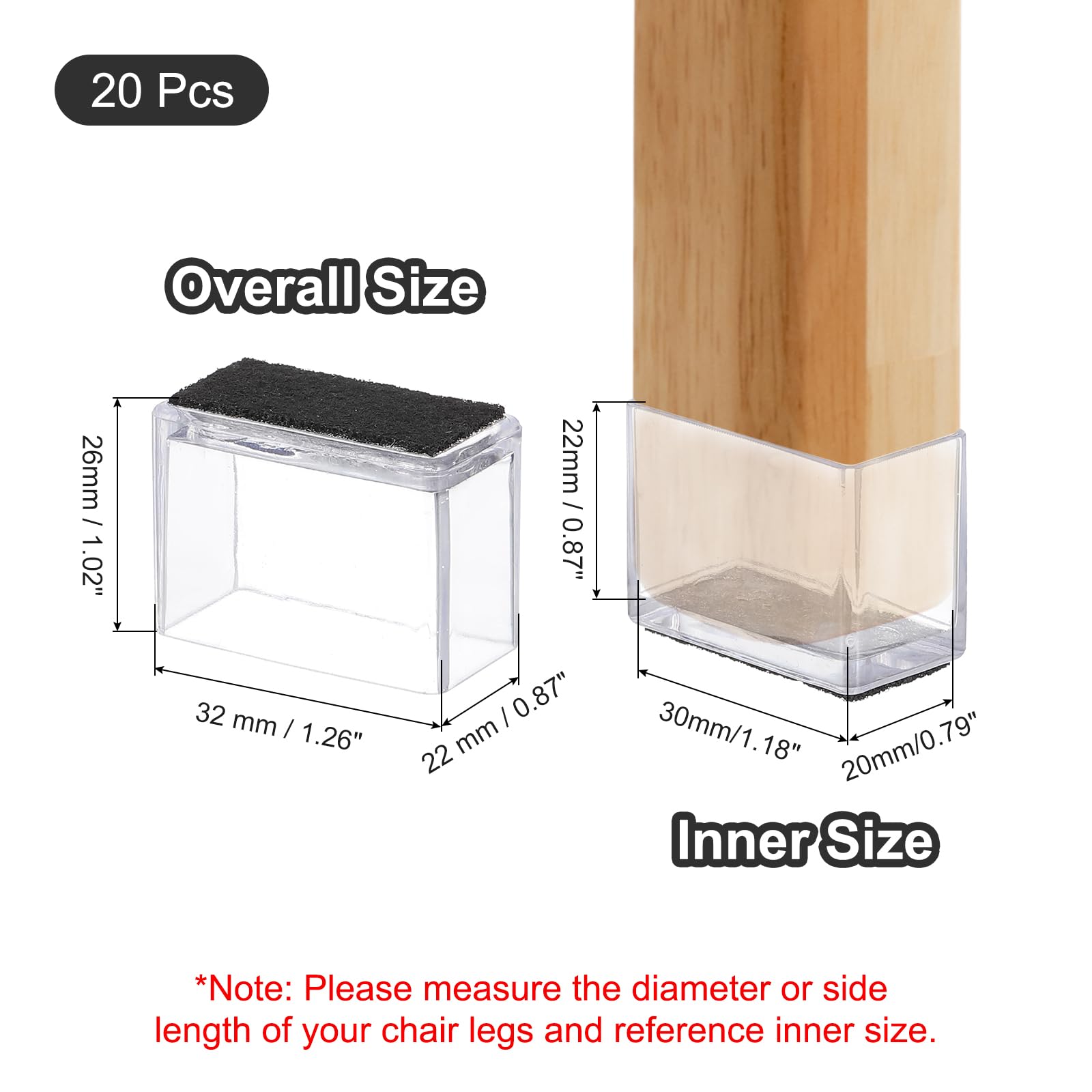 PATIKIL Chair Leg Floor Protector for Hardwood Floors 20 Pcs Rectangle PVC Felt Fit 1.18" x 0.79" Furniture Leg Cap Furniture Feet Cover Furniture Feet Carpet Small Slider - Image 2
