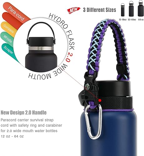 Miniatura 2 de Asa de cuerda de paracaídas para botella Hydro Flask 2.0 de boca ancha estándar con anillo y mosquetón (12, 16, 18, 20, 32, 40 y 64 onzas)
