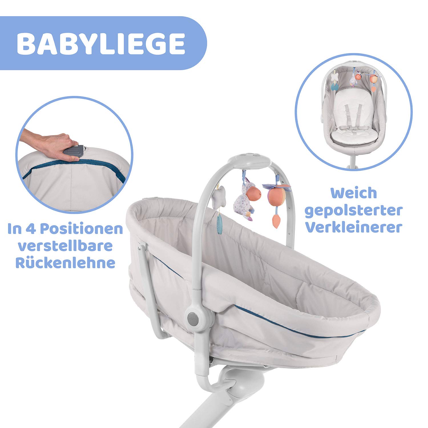 Chicco Baby Hug 4 in 1 Stubenwagen ab 0 Monate, Erhöhte Babyliege, Babybett, Hochstuhl mit Spielbogen, bis 15 kg, Verstellbare Rückenlehne, Verstellbare Höhe und 4 Räder