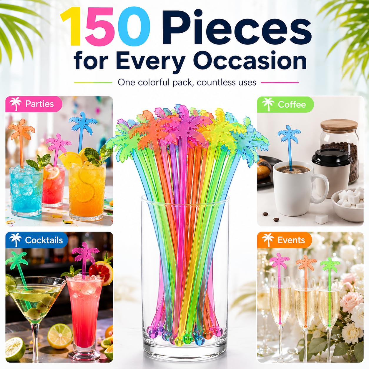 Lot de 150 agitateurs à cocktail réutilisables en forme de cocotier - En plastique - Pour tourner et tourner
