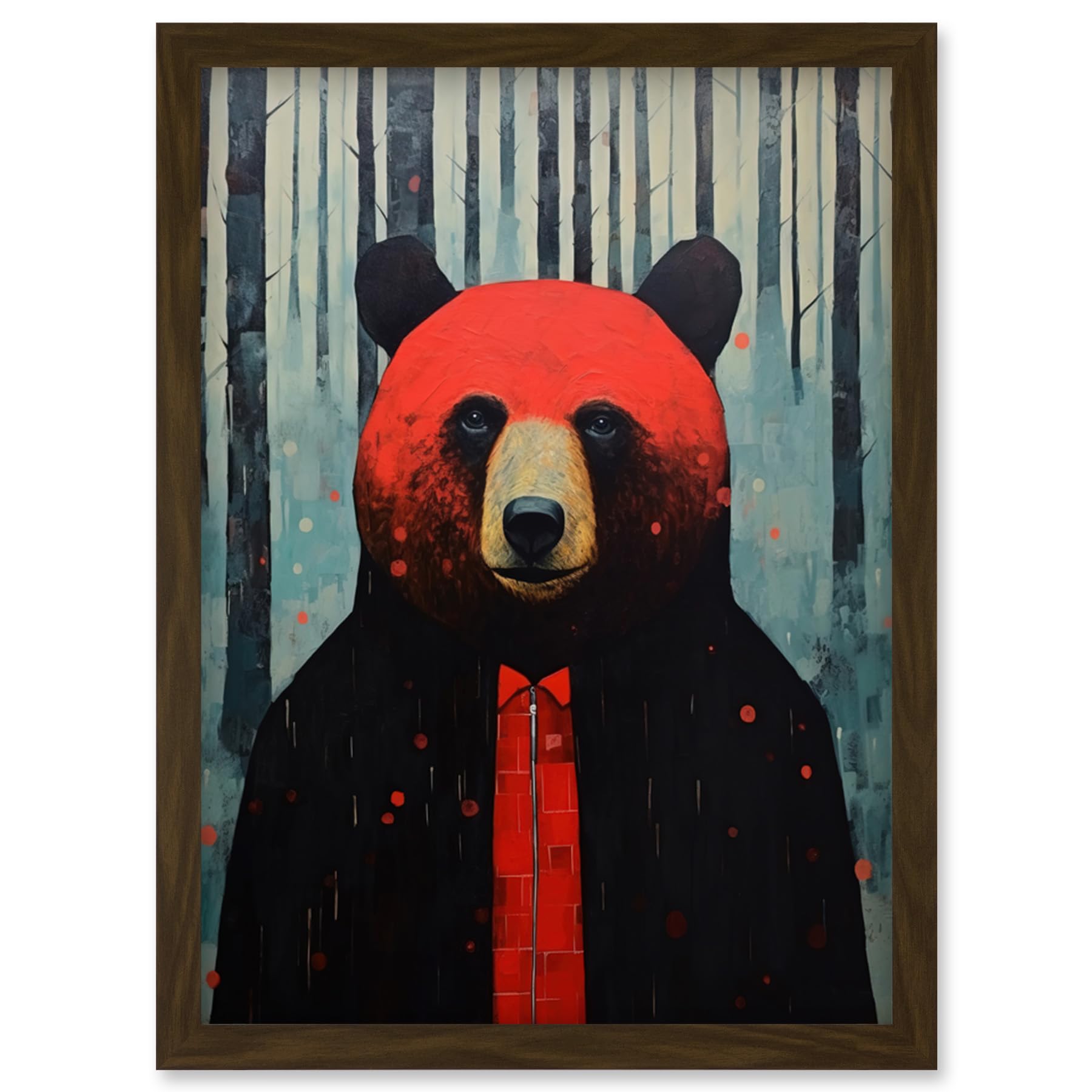 Artery8 Hipster Red Bear Artwork Oil Painting Black Blue Artwork Forest Trees Artwork Framed Wall Art Print A4