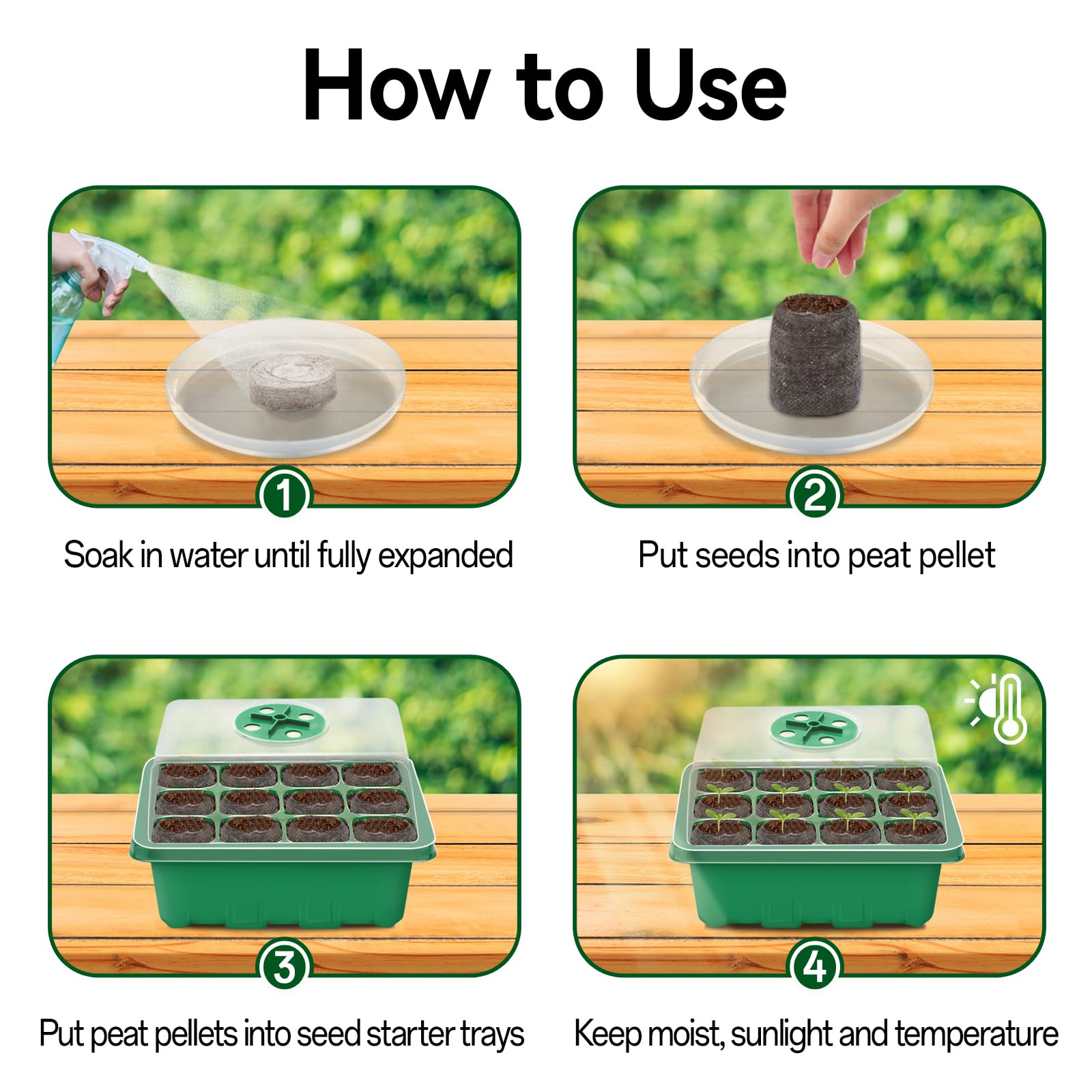 Halatool - Paquete de 8 bandejas de iniciación de semillas con 100 pellets de turba, 96 células, bandejas de germinación de plantas verdes para semillas orgánicas, vainas de tierra para plantar