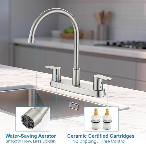 Miniatura 5 de Grifo de cocina, juego central de 8 pulgadas para fregadero, 3 agujeros, doble mango, grifo de fregadero de cocina de arco alto, boquilla giratoria