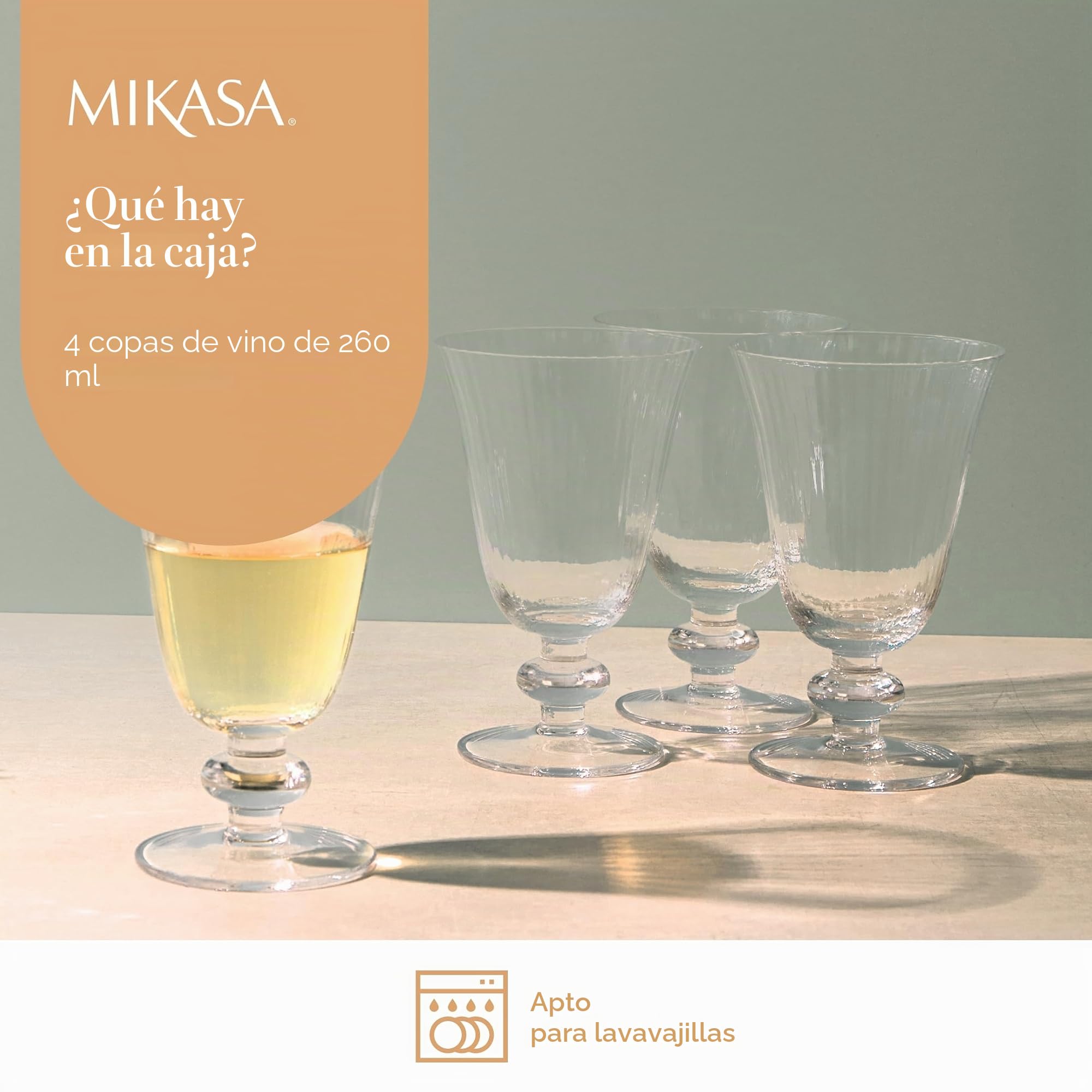 Mikasa Salerno Copas de Vino de Cristal, 260ml, Juego de 4 Copas Finas Transparentes sin Plomo con Pie Corto y Borde Ancho - Aptas para Lavavajillas
