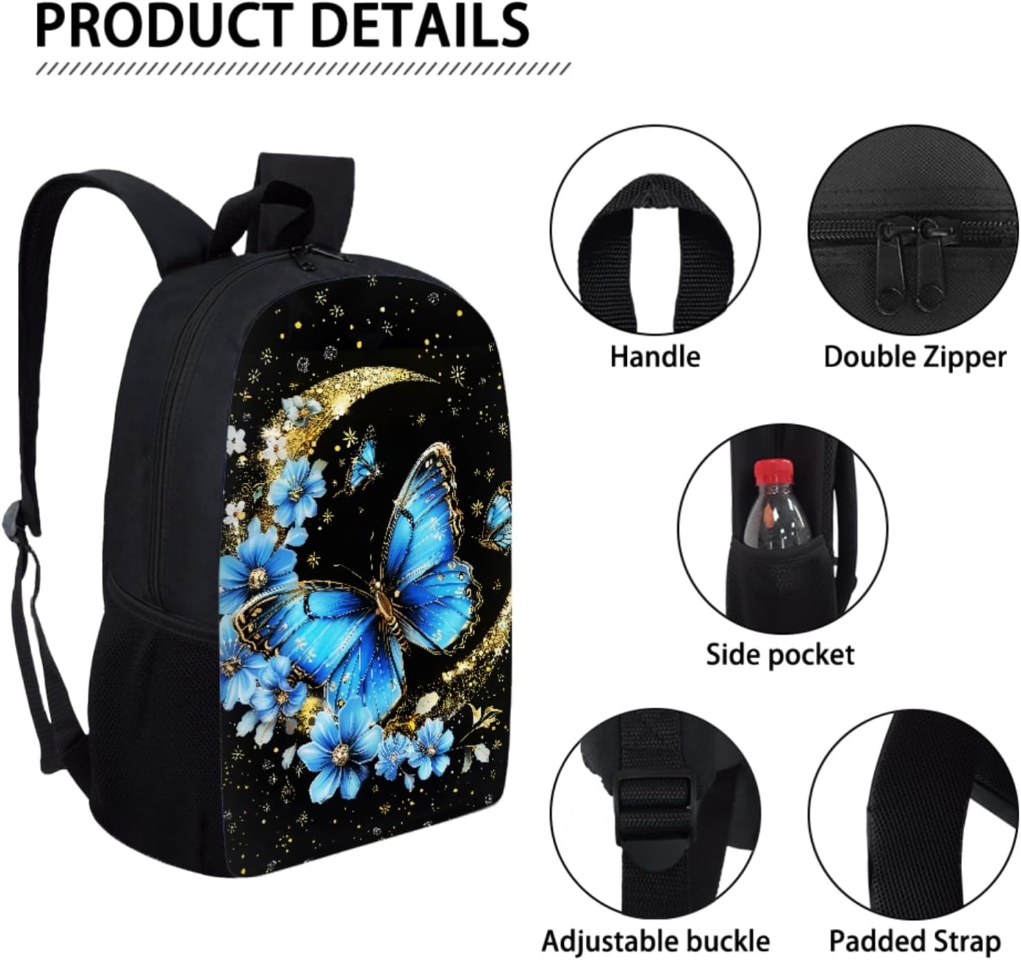 GIFTPUZZ Bule Butterfly Laptop Backpack Large Capacity + Insulated Lunch Boxes Cooler + Pencil Case for Women Girls Student Schoolbags Set of 3