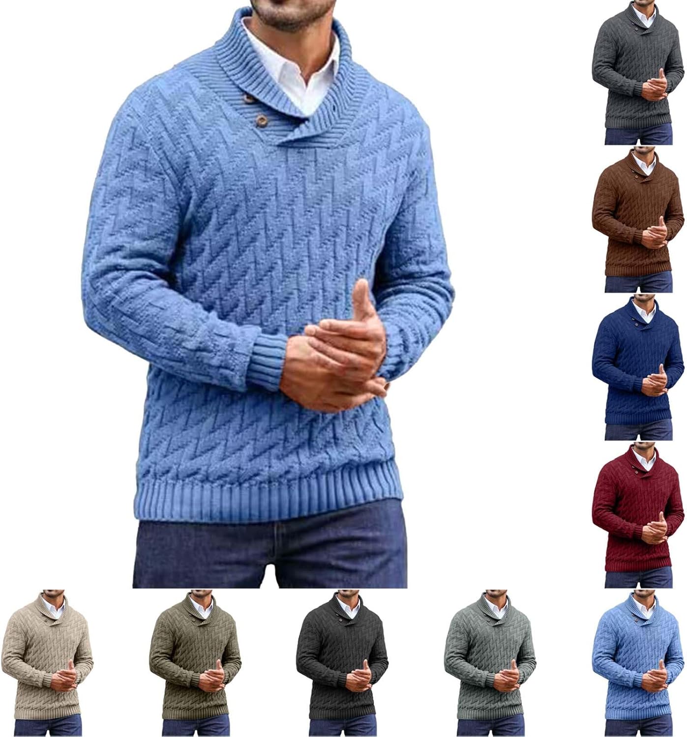 Men's Shawl Collar Sweaters V-Neck Relaxed Fit Cable Knitted Pullovers Tops Fall Winter Long Sleeve Casual Sweater