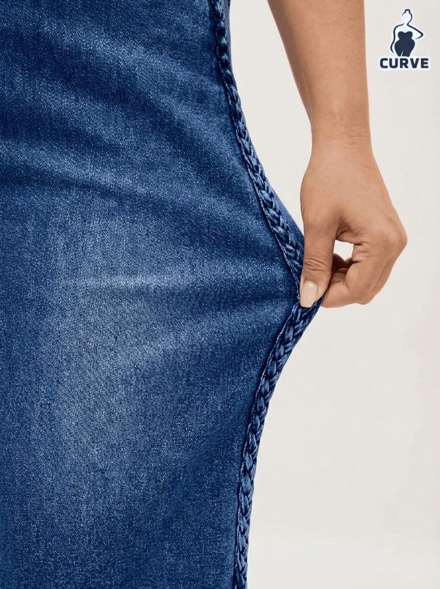 Women's Plus Size Wide Leg Capri Jeans with Braided Side Stripe, High Waisted Stretchy Baggy Boyfriend Curvy Jeans