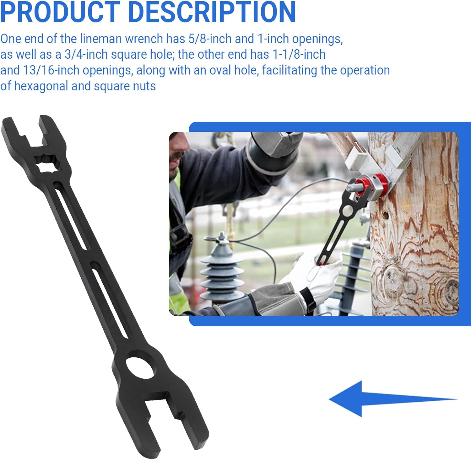 Lineman's Wrench for Datacom And Telecom Work Applications, Fits 5/8" 3/4" 13/16" 1" 1-1/8" 6-Point And 4-Point Square Nuts,Double-Ended Wrench,Lineman Tool