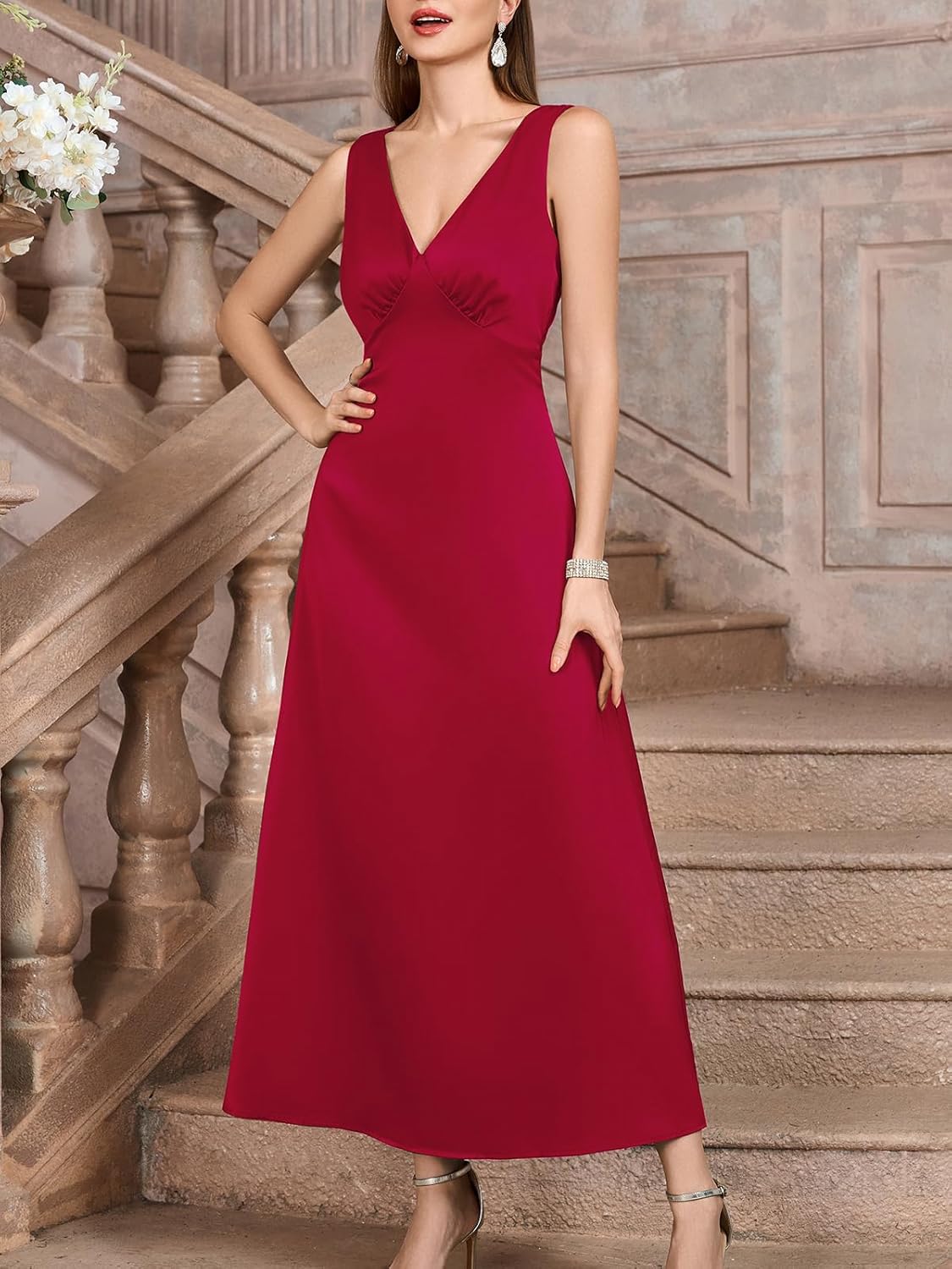 Satin V Neck Sleeveless Tie Backless Cocktail Party Maxi Dress for Women - Image 3