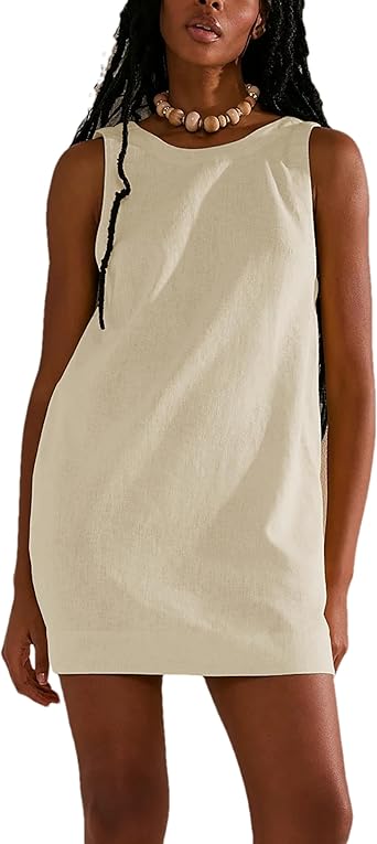 Photo 1 of Womens Summer Crew Neck Sleeveless Open Back Dress Casual Beach Sunshine Cotton Linen Mini Dress, SMALL