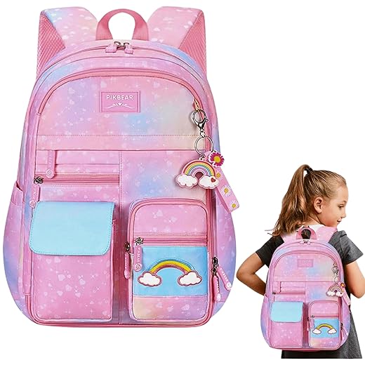 Mochila Escolar Infantil Arco-íris Kawaii Meninas Ensino Fundamental com Compartimentos Femininas Casuais Daypack.