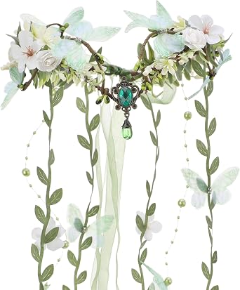 MOSTORY Woodland Flower Fairy Headpiece - Floral Elf Crown with Butterflies for Fairy Accessories Women Renaissance Cosplay