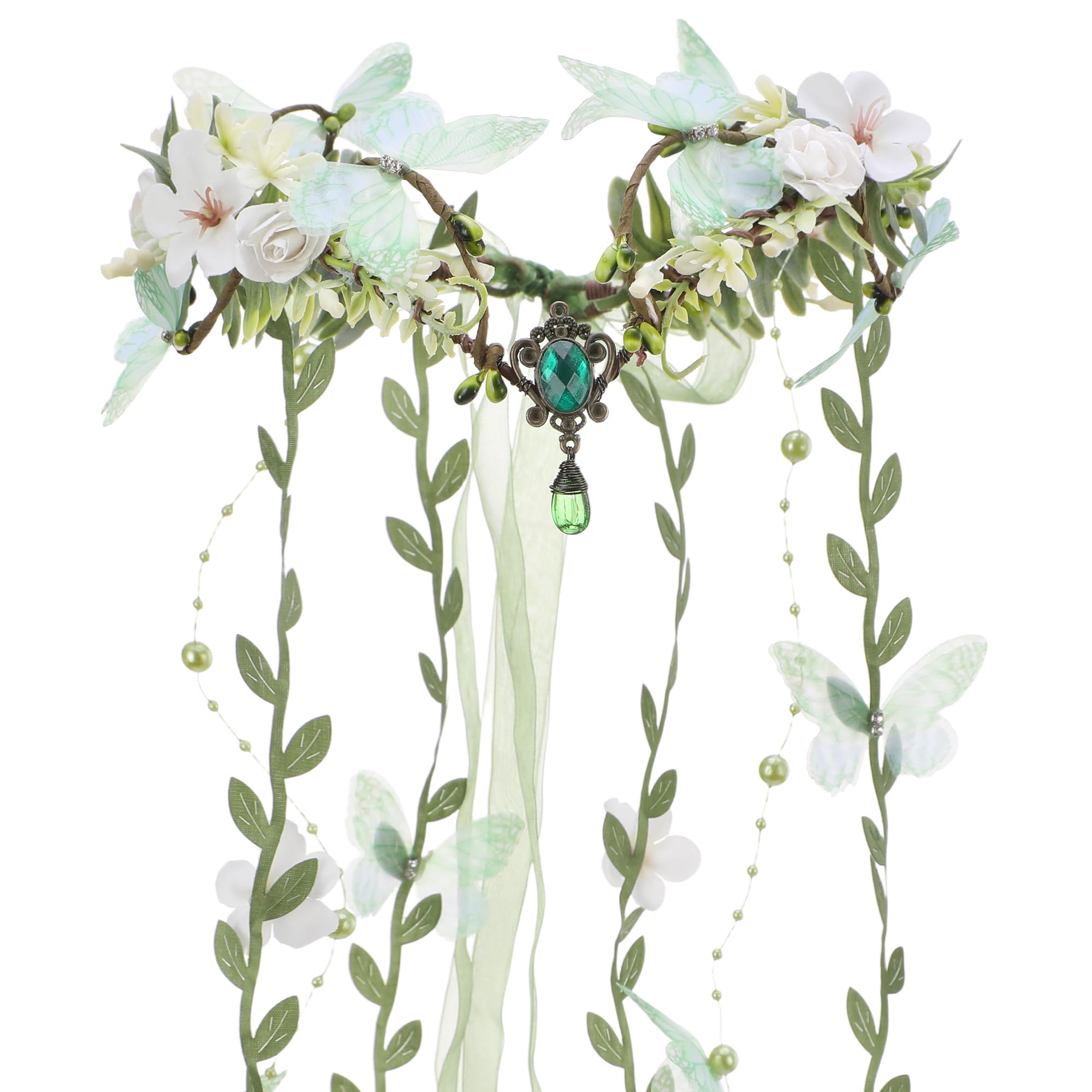 MOSTORY Couronne d'elfes - Bijou de tête de fée de la forêt - Costume de carnaval - Couronne de fleurs vert forêt - Elfe - Papillons - Compas floral - Forêt - Elfes - Esthétique - Pour femme