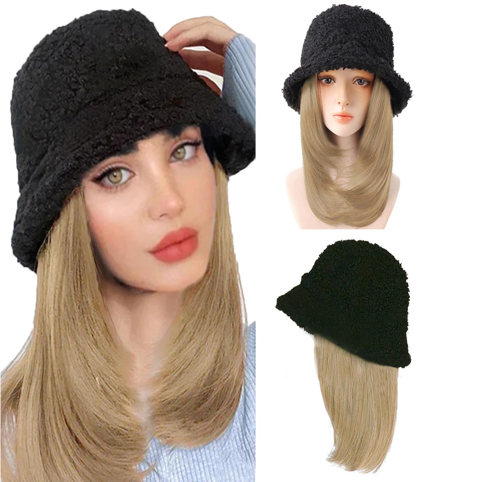 Cappello invernale da donna in lana con parrucca Cappello da pescatore parrucca parasole cappello finto dritto cappello Beanie parrucca