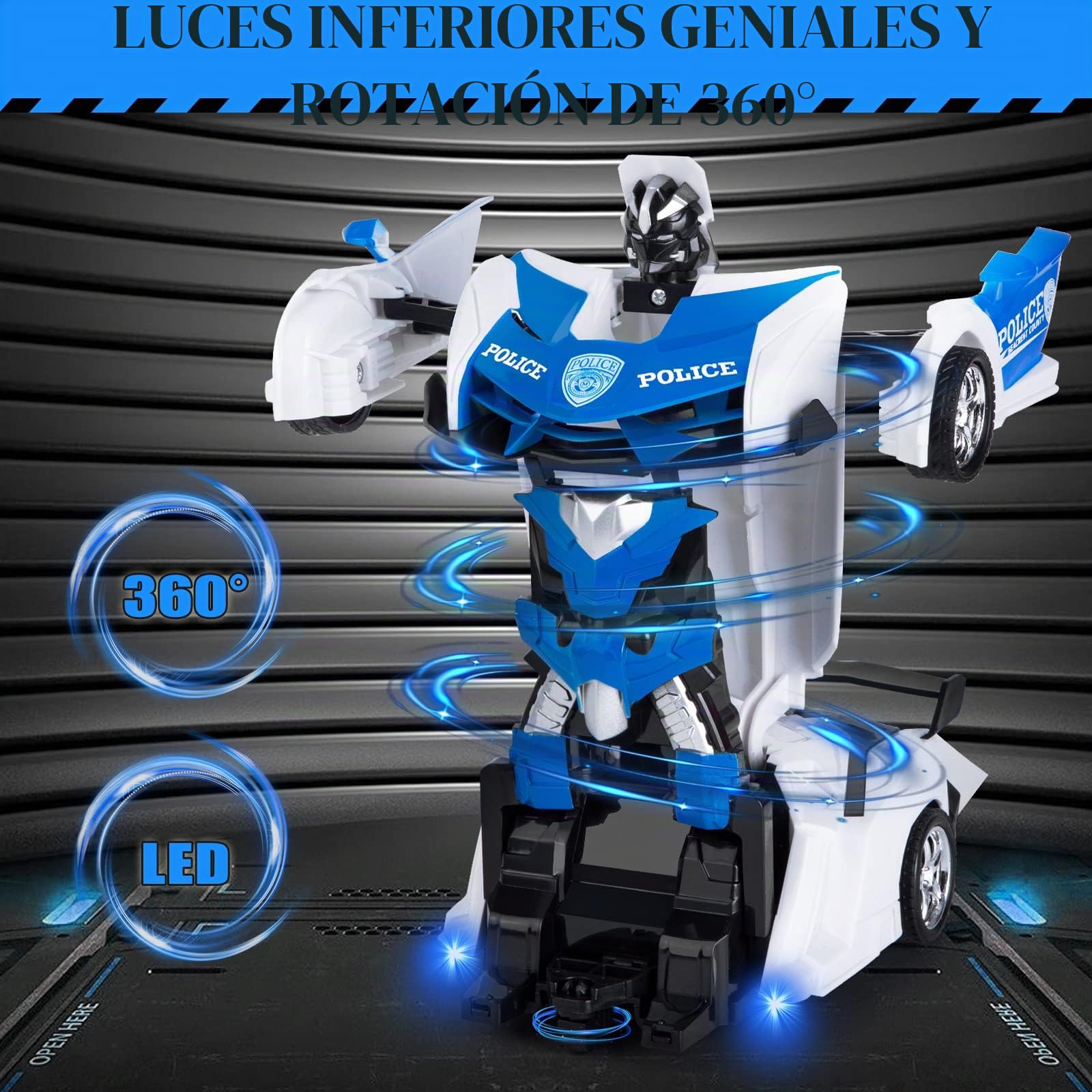 Highttoy Coche Policia Teledirigido Robot Juguetes Niños 3 4 5 6 7 8 Años, Transformador Juguete Coche Radiocontrol Rotación de 360° 2.4GHz 1:18 Robot Niños, Blanco