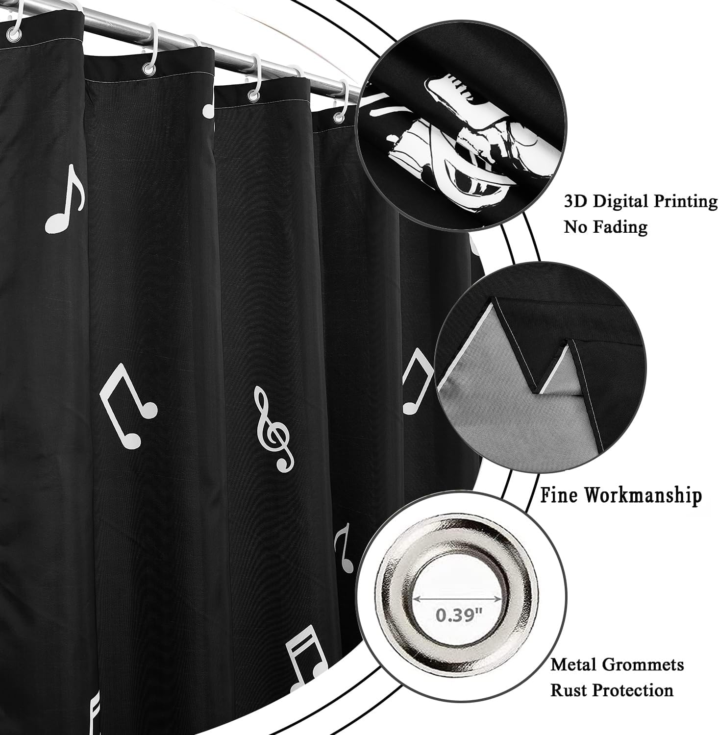 Halloween Shower Curtain, Black and White Funny Skull Skeleton Rock and Roll Music Lover Bathroom Curtain Home Decor Waterproof Fabric Machine Washable with 12 PCS Hooks,72" Wx72 L image 5