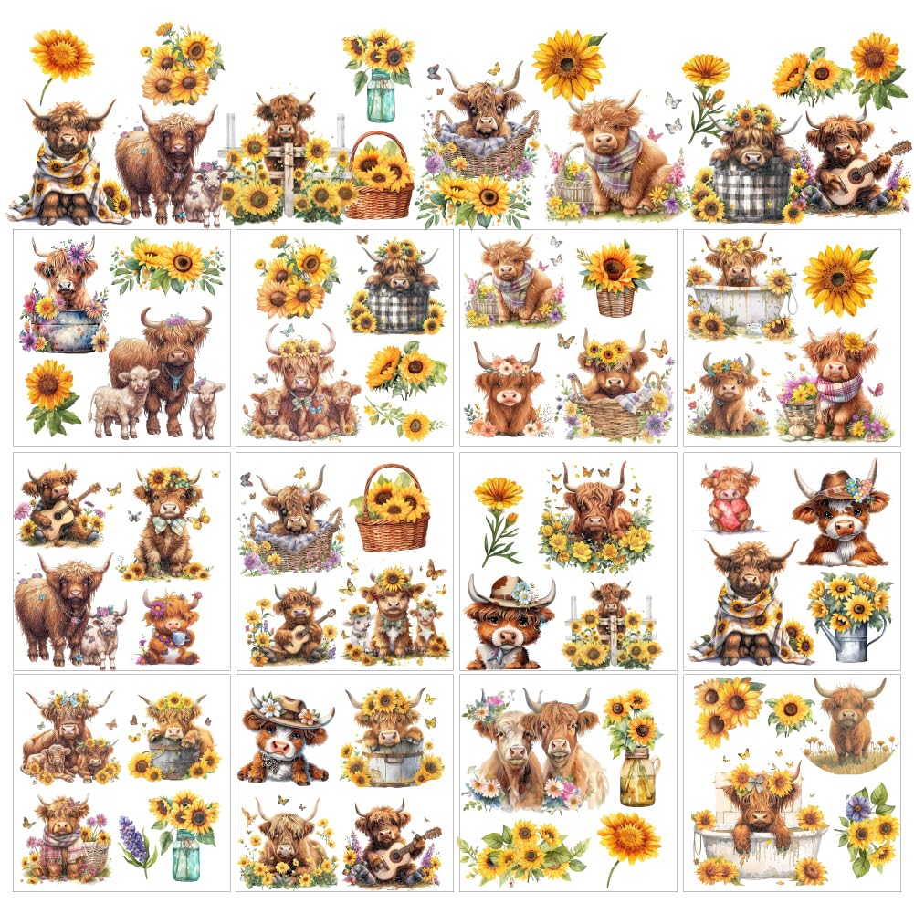AHANDMAKER 12 Sheets Highland Cow Rub on Transfers for Crafts, Sunflower Rub on Transfer Stickers, Highland Cow Iron on Transfers Animal Decal Sticker for Wood Paper Furniture DIY Home Decor, 5.5x5.5