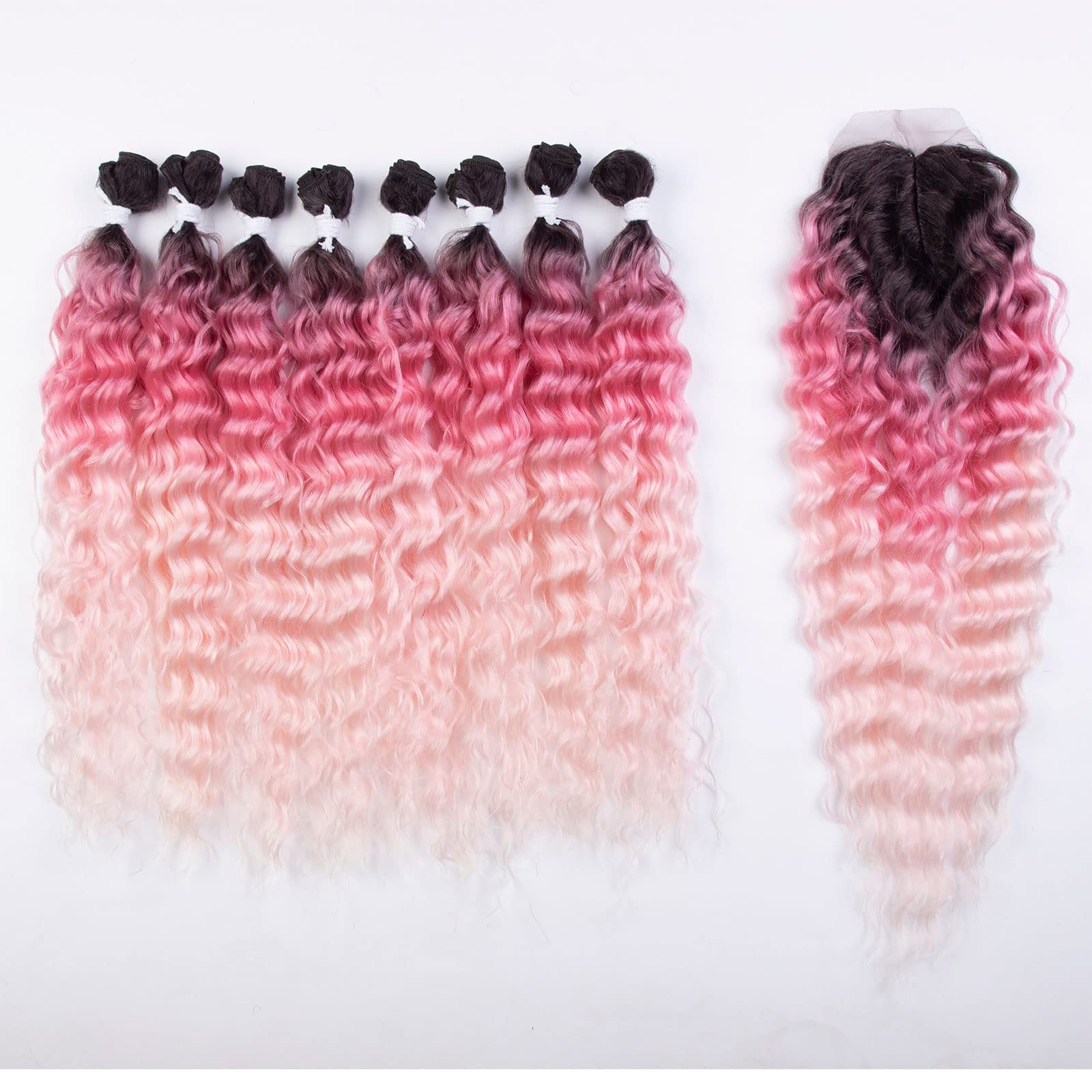 DÉBUT Synthetic Hair 8 Bundles with Simple Closure Water Wave High Temperature Fiber Hair Weave 9pcs/lot 20 Inch 240g (3 Tones Gradient Pink Color)