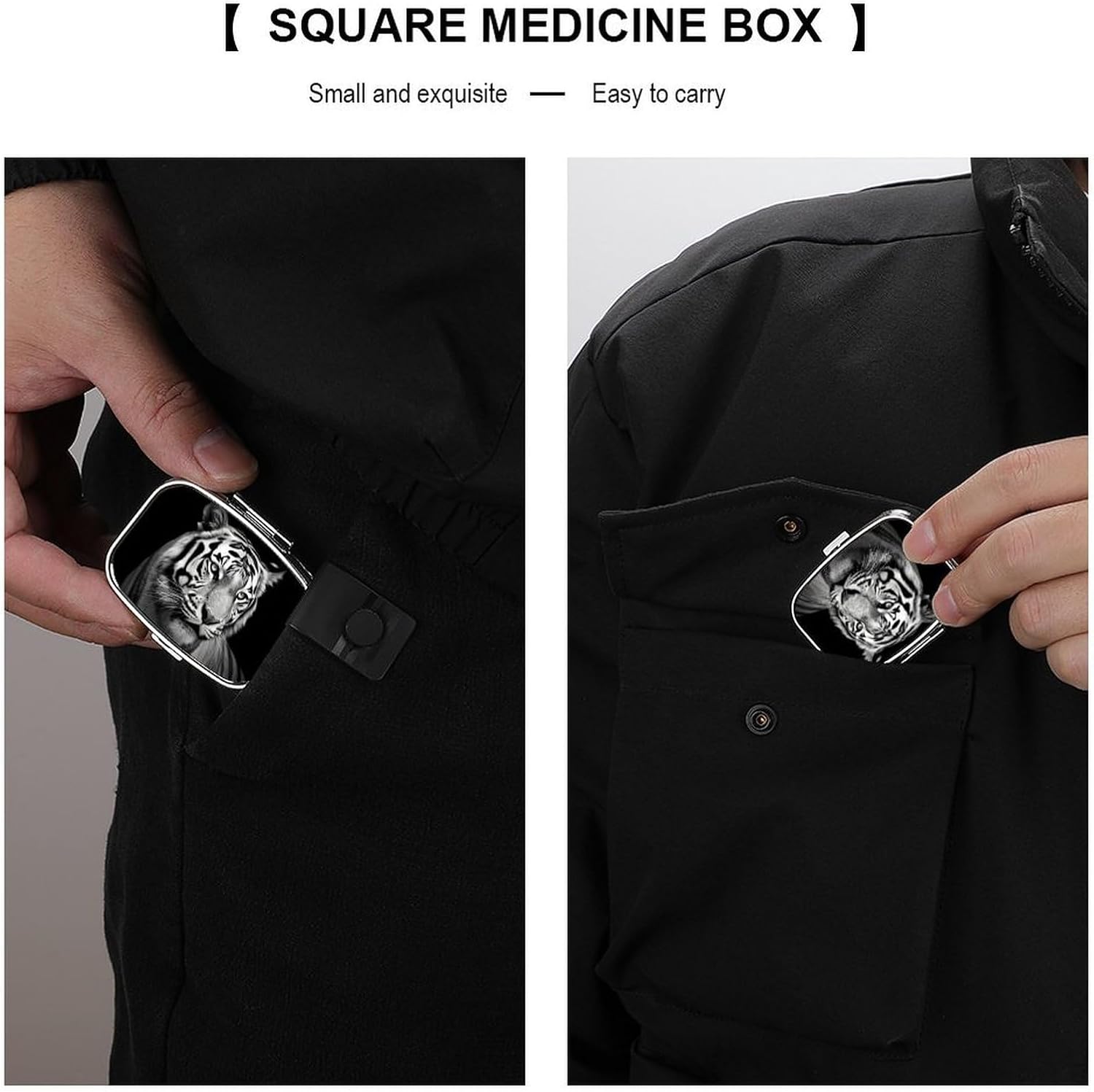 Black and White Tiger Square Pill Case, Metal Pill Organizer image 5