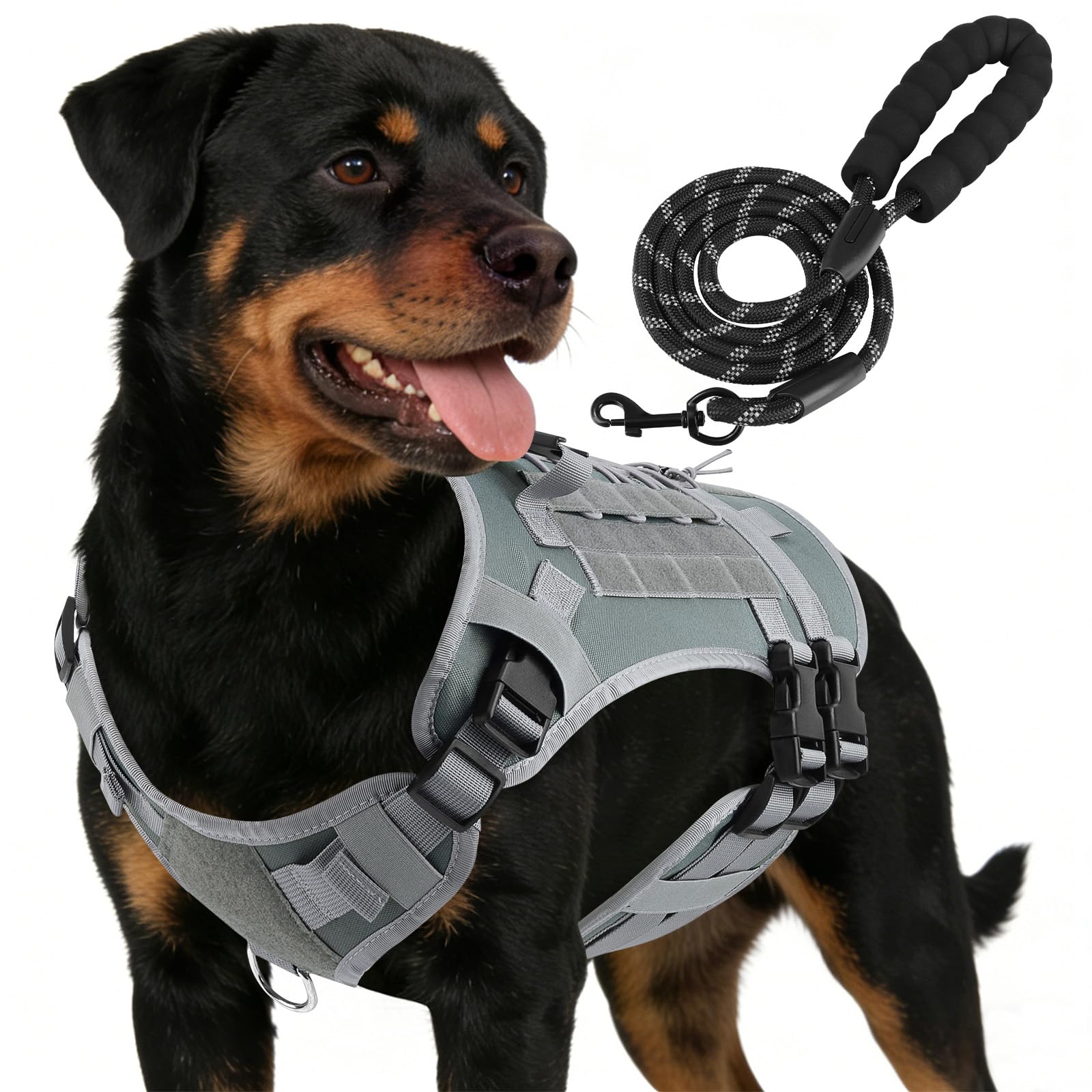 YooxArmor Heavy Duty Tactical Dog Harness and Leash Set for Medium Dogs,No Pull Adjustable Pet Harness with 2 Leash Clip & Easy Control Handle for Training or Walking,M(Grey)