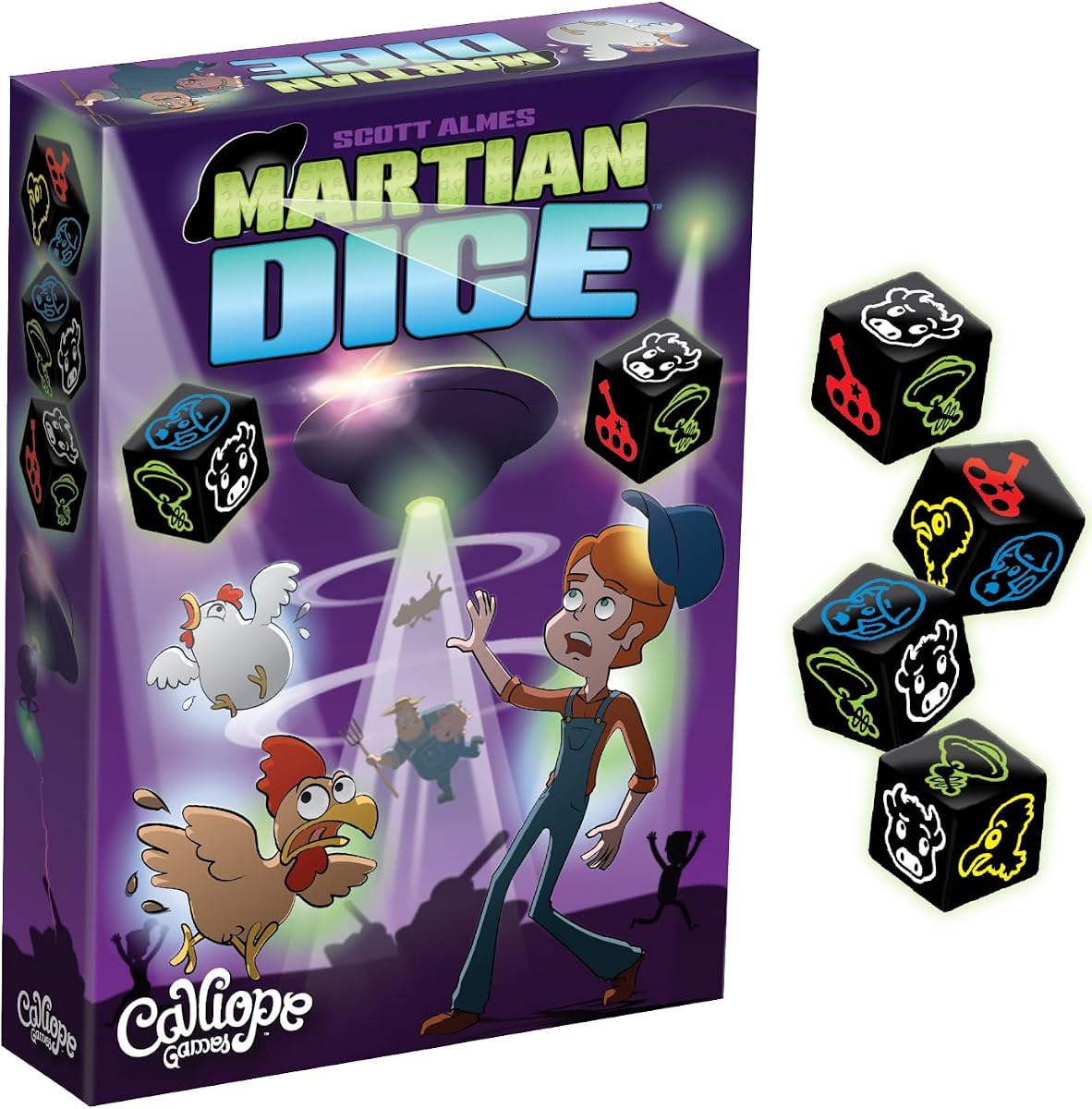 Calliope Martian Dice, Press Your Luck Dice Game, 10-20 Minutes, 2-6 Player | 13 Custom Dice, Score Chickens, Cows & Humans, Reach 25 Points to Win, For Friends and Family Ages 8+