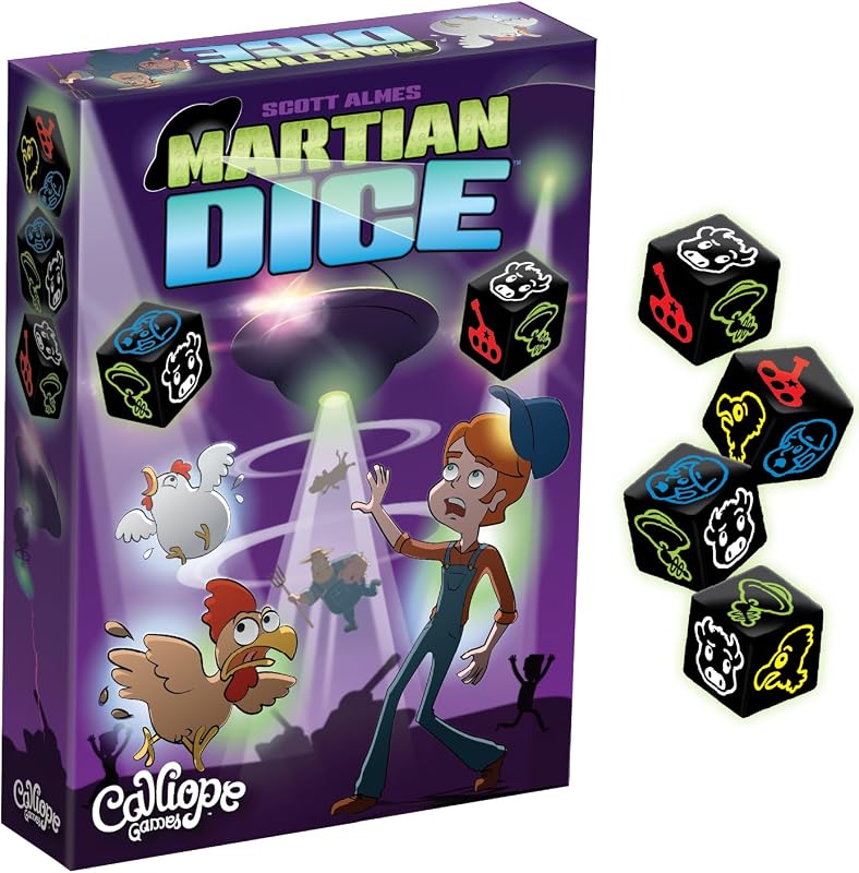 Calliope Martian Dice, Press Your Luck Dice Game, 10-20 Minutes, 2-6 Player | 13 Custom Dice, Score Chickens, Cows & Humans, Reach 25 Points to Win, For Friends and Family Ages 8+