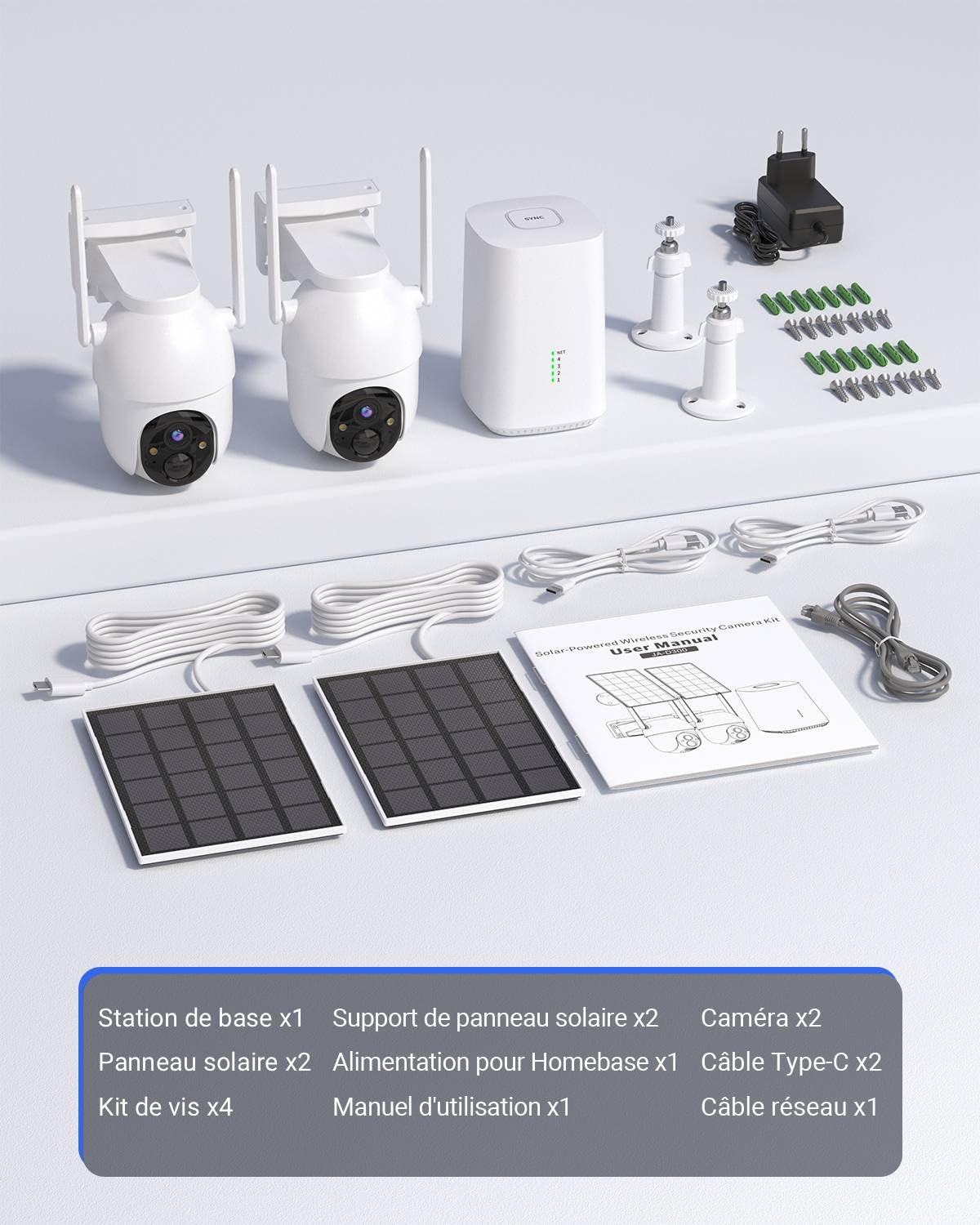 2K Camera Surveillance WiFi Exterieure sans Fil Solaire, Kit 2 Caméras avec Base, 32 Go de Stockage Local, sans Abonnement, 360° Panoramique, Alerte, Vision Nocturne en Couleur, 2,4/5Ghz WiFi