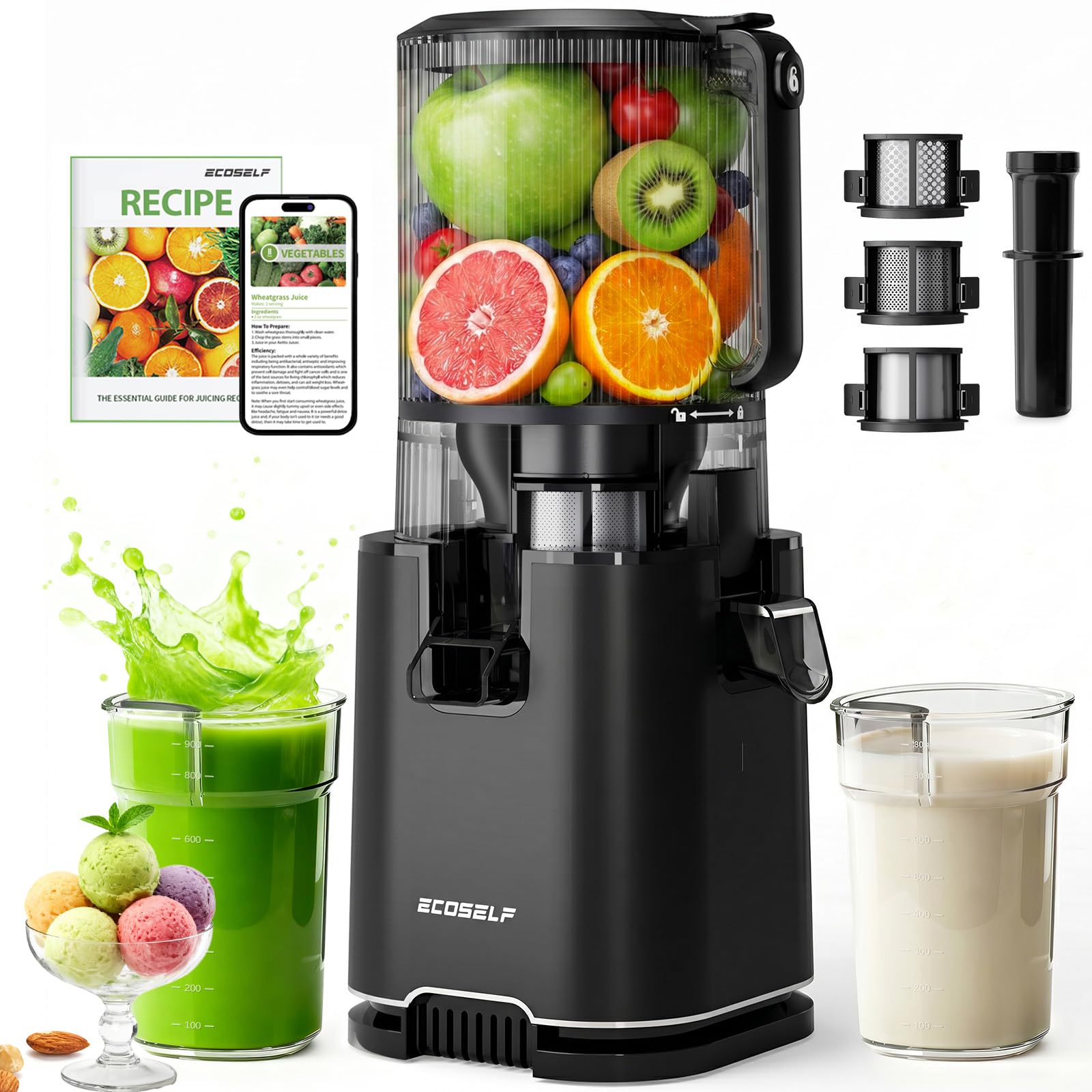 Photo 1 of ECOSELF 3-in-1 Juicer Machines with 3 Filters (For Juice/Sorbet/Nut Milk), Slow Masticating Juicer With Wide Mouth Hopper For Vegetables & Fruits, Large Capacity, Juicer for Family (With Pusher)