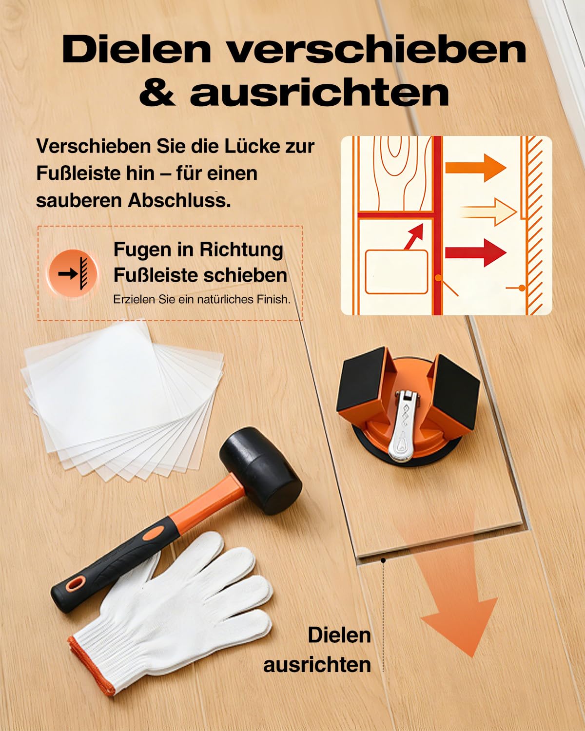 Saker Laminat Verlegeset mit Saugnapf & Schlagfunktion, Laminat Reparaturset für Bodenfugen, Bodenlücken schließen Werkzeug für Laminat & Vinyl, Flooring Installation(Single Saugtasche + Gummi Mallet)