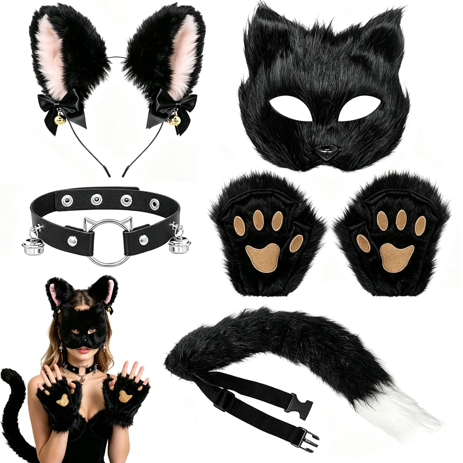 ZPSCXQ Furry Cat Mask Mask Furry Costume, Cosplay Halloween Animal Theme Party, Six Piece Set Including Black Mask Collar Tail Gloves Ears