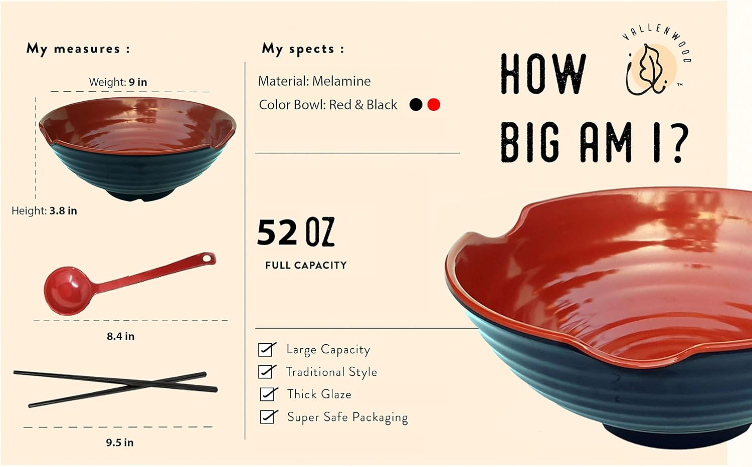 4 XL Ramen bowl set. 12 Pieces Pho Bowls. Asian Japanese soup. Utensil: Spoons and Chopsticks kit. Melamine, Large 52 oz. Noodles, Rice, Udon, Thai, Chinese, Korean, Udon, Wonton, Miso, 9 inch - Image 3