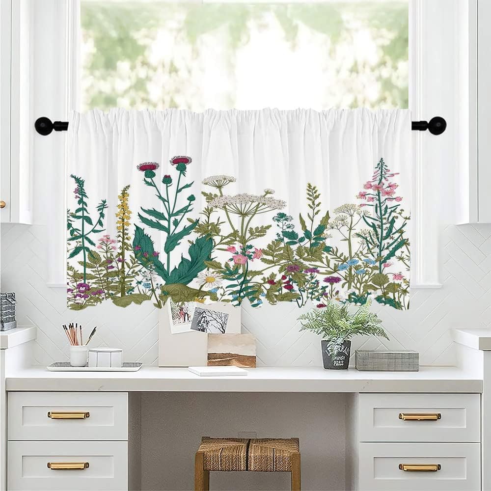Small Window Curtains, Flowers Leaves Blackout Window Curtains Ombre, Spring Garden Daisies Roses Hydrangeas Art, 60" W x 18" L, for Living Room, Bedroom, Kitchen, Bathroom, Multicolor