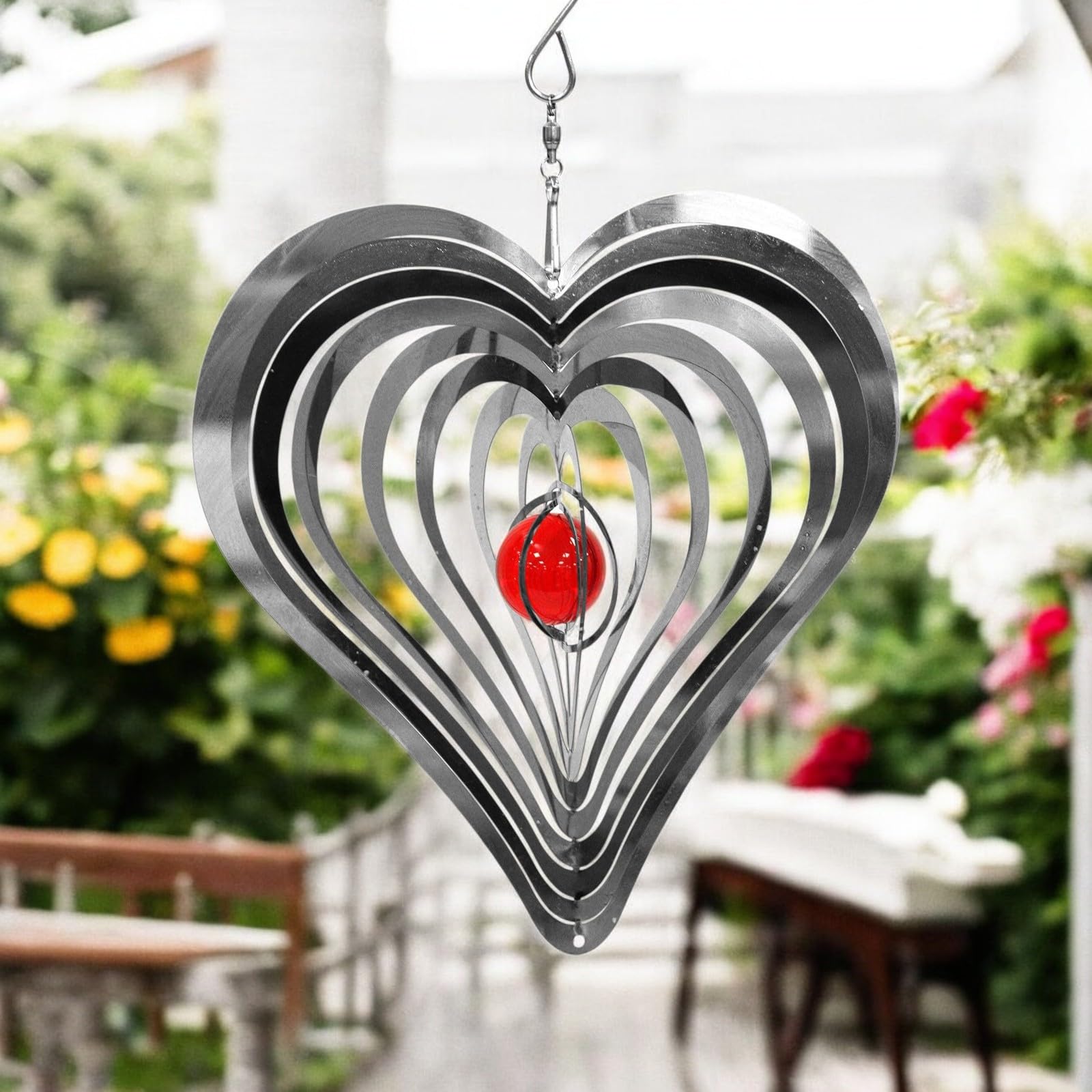 Love Heart Stainless Steel Hanging Wind Spinner – 34cm x 25cm | 3D Kinetic Metal Wind Sculpture & Outdoor Garden Ornament