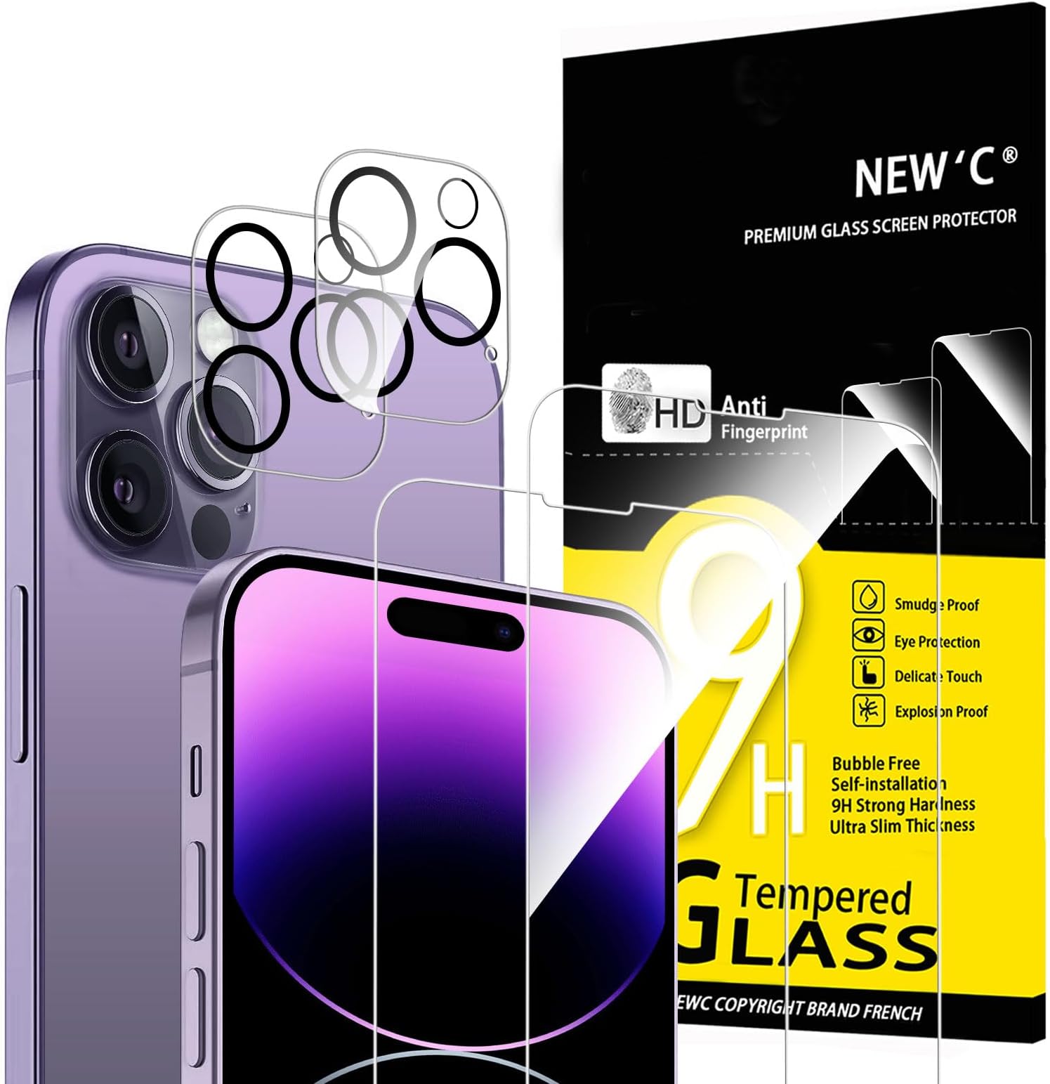 NEW'C 4 Pack, 2 Pack for iPhone 14 Pro Max Screen Protector (6.7 inch) + 2 Pack Camera Lens Protector, Sensor Protection,Case Friendly Tempered Glass Film