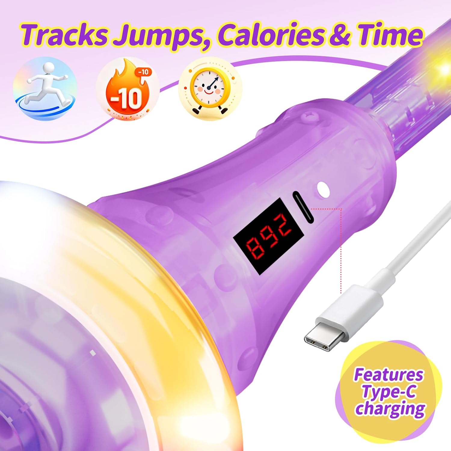 Skip Ball for Kids, Rechargeable Skip Ball Ankle Toy with Flashing Light-Up Wheel & Rod, Indoor/Outdoor Toys for Kids with Counter, Timer and Cal Calculator
