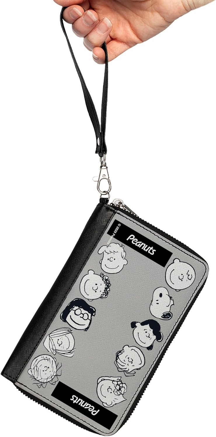 Buckle-Down Peanuts Wallet, Zip Around, Peanuts Gang Ten Character Faces Gray Black White, Vegan Leather - Image 2