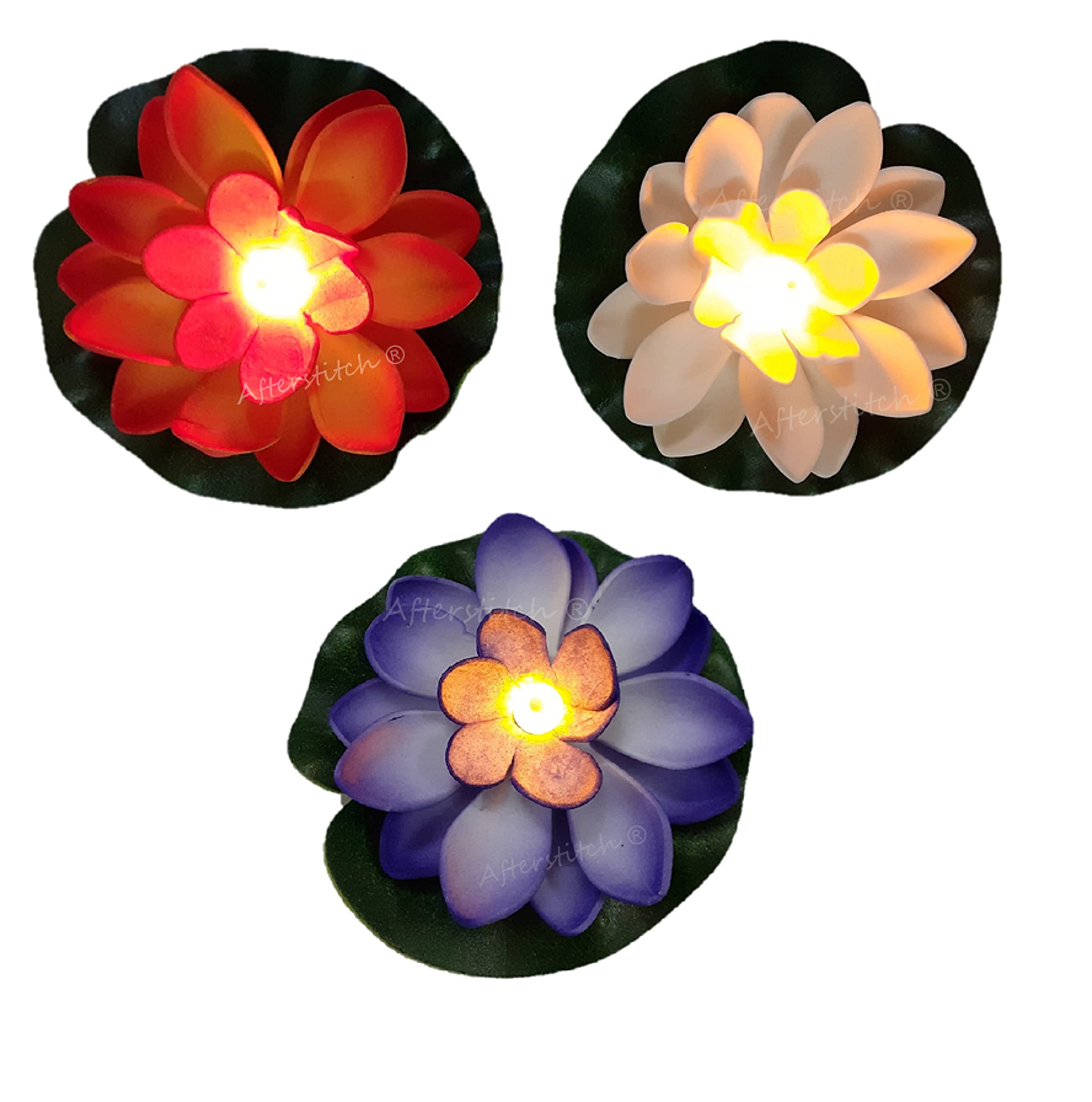 AFTERSTITCH Multi Color Floating Lotus Flower Shape Floating LED Candles Diya for Decoration Batteries Included Water Sensor Decorative Lights Pack of 3 (Multicolor)