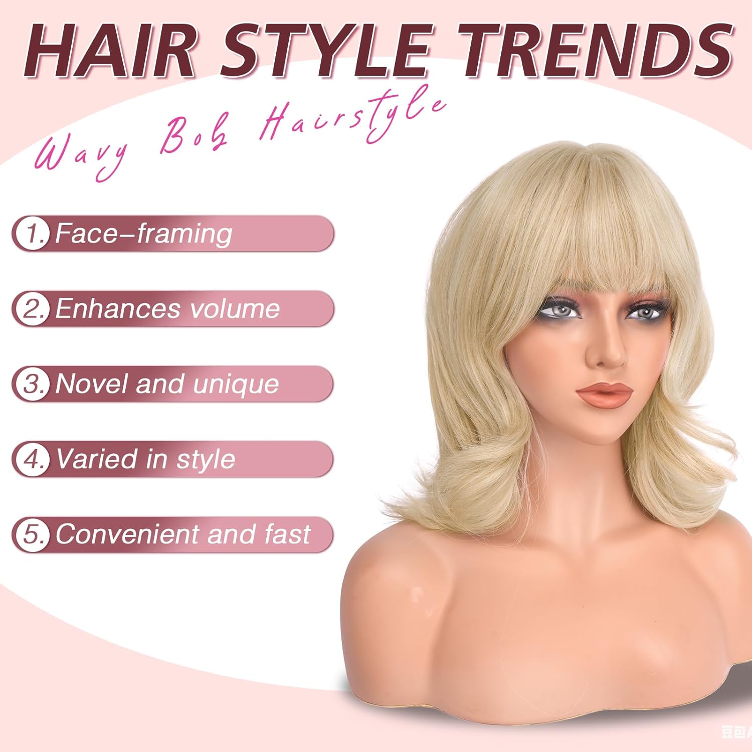 Haloo Blonde Short Bob Wigs with Bangs Shoulder Length Wavy Layered Flipped Ends Natural Looking Medium Synthetic Hair Wig for Women Daily Party, 14 Inch Platinum Blonde