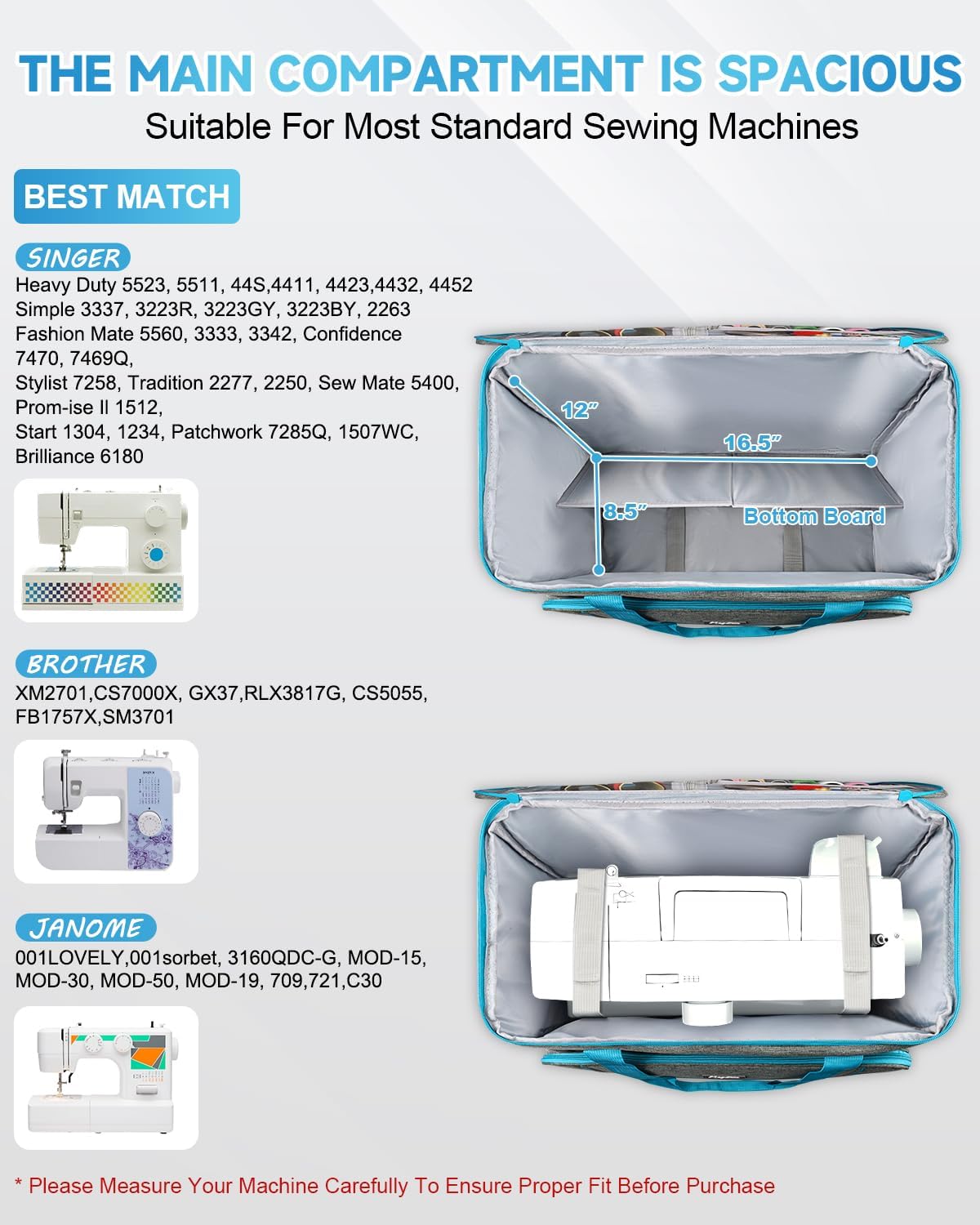 Sewing Machine Case with Wheels, Foldable Rolling Sewing Machine Case，Tote Bag with Bottom Support Board & Adjustable Shoulder Strap, Compatible with Singer, Brother, Janome Standard Sewing Machines