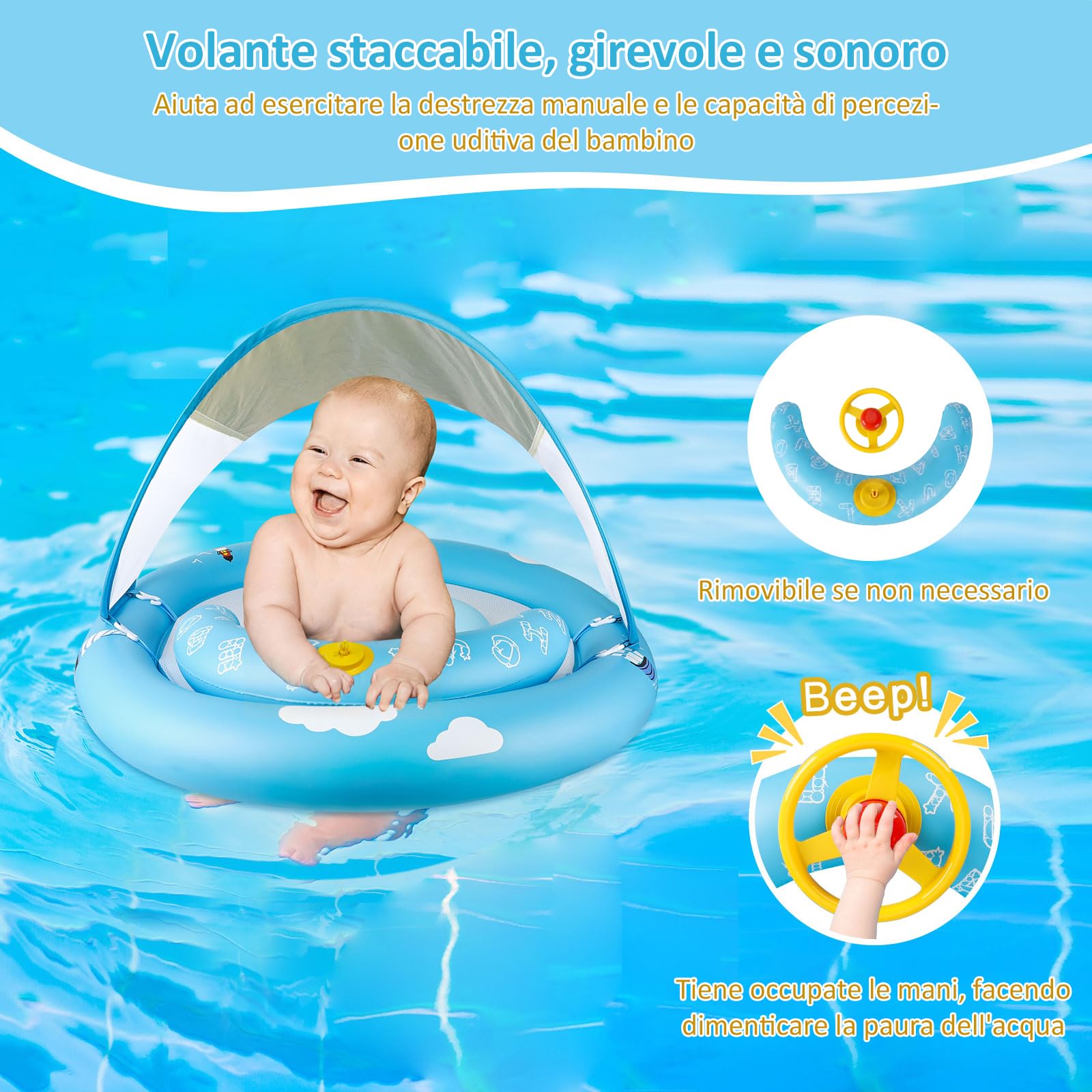 MYCARBON Salvagente Neonato 6 Mesi – 30 Mesi con Parasole Mutandina Regolabile Salvagente Bambini con Pompetta Galleggiante Ciambella per Mare Piscina