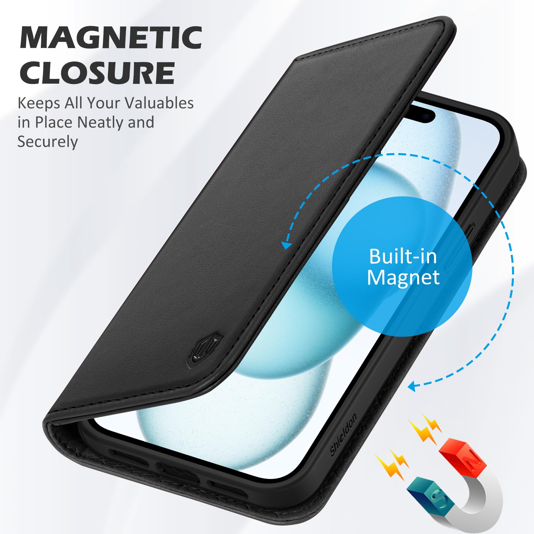 SHIELDON Etui do iPhone 15 Plus, Portfel z prawdziwej skóry z [podpórką] [gniazda na karty] [blokowanie RFID] odporne na wstrząsy etui z klapką Folio kompatybilne z iPhonem 15 Plus - Czarne | Blokada RFID, składany stojak, gniazdo na karty, zamknięcie mag