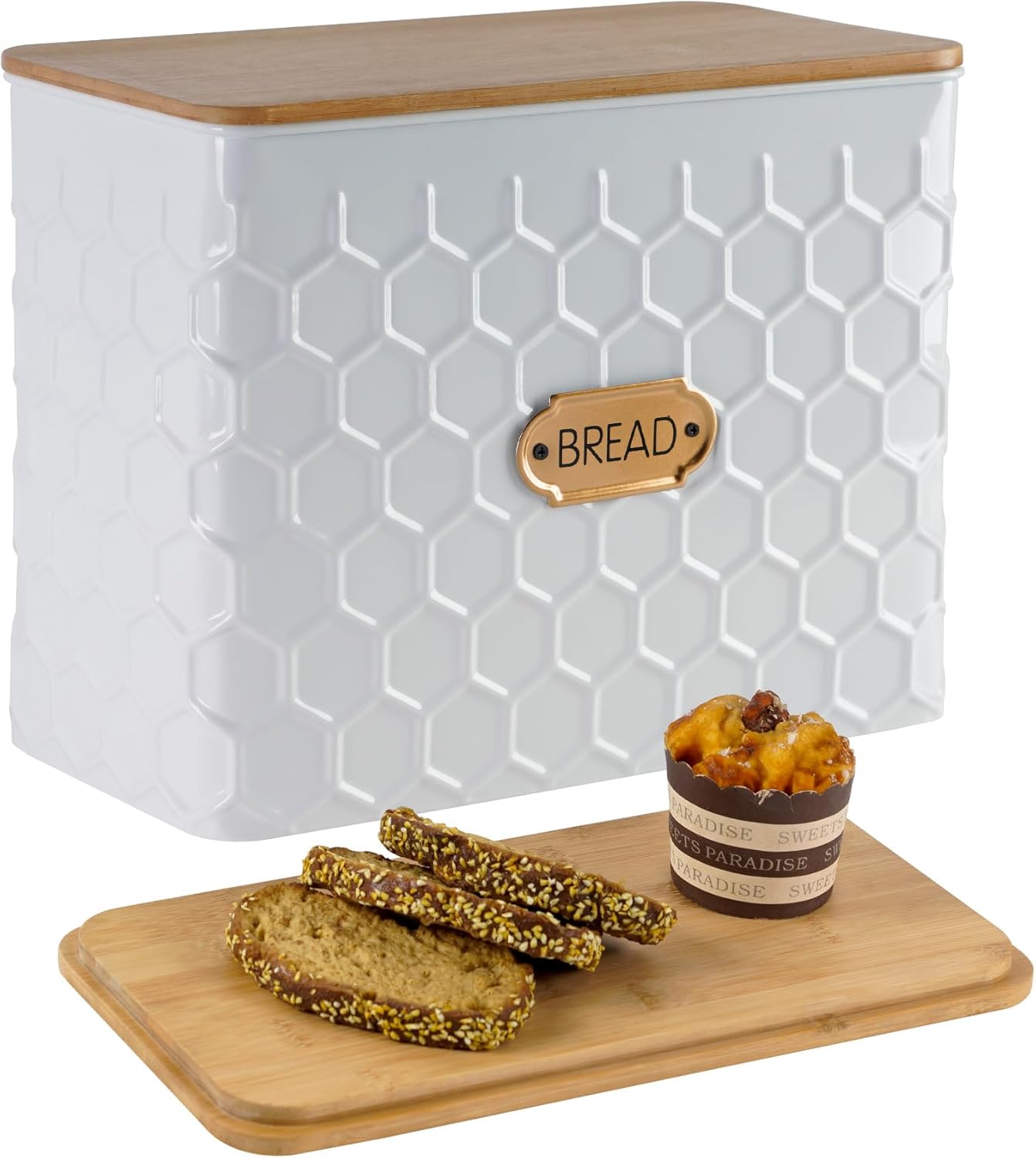 Extra Large Bread Box for Kitchen Countertop Corner Breadbox for Homemade Bread Metal White Honeycomb Pattern Embossed Bread Storage Container Bin with Bamboo Lid Fits 2 Loaves of Bread