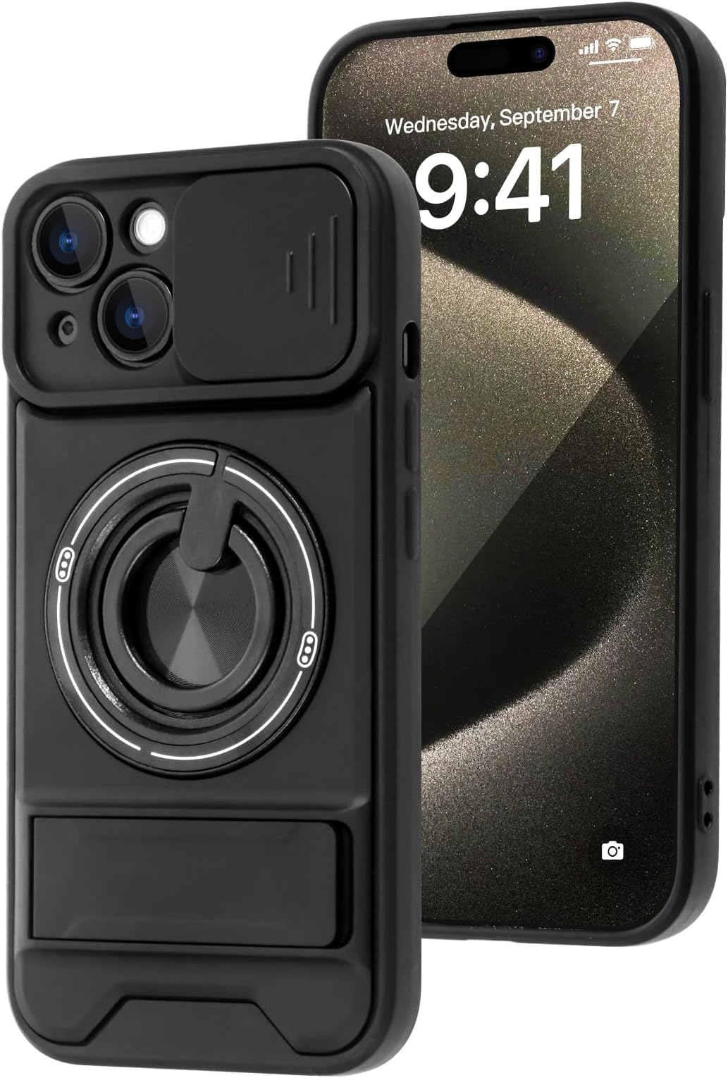 Magnetic for iPhone 16 Case with Invisible Magnetic 360° Rotating O-Ring Stand, Camera Sliding Cover (Compatible with MagSafe)(Military Grade Drop Protection) Full Camera Lens Protector Black