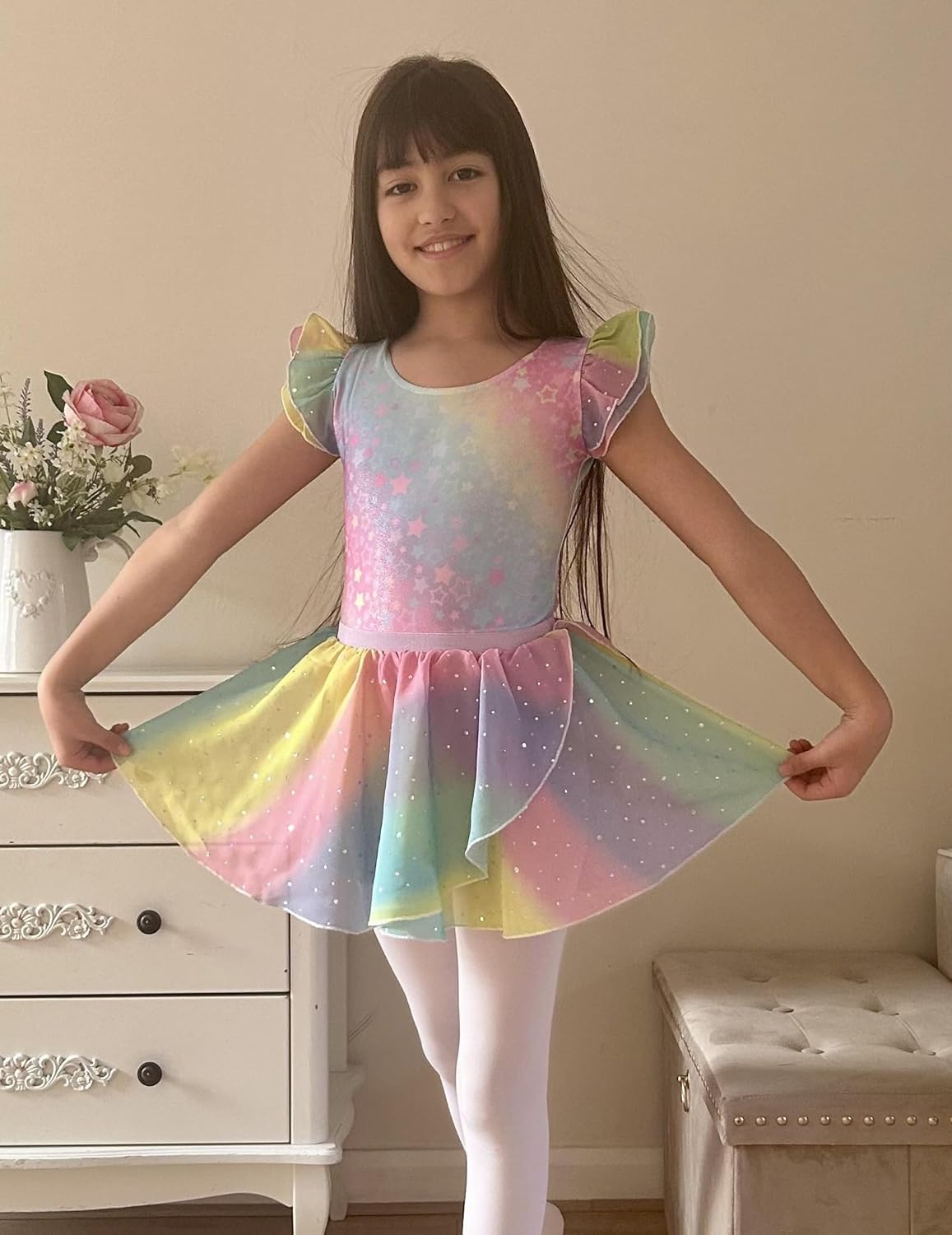 Zaclotre Ballet Leotards for Girls with Removable Skirt Toddler Ruffle Sleeve Bow Back Dance Dress Combo - Image 5