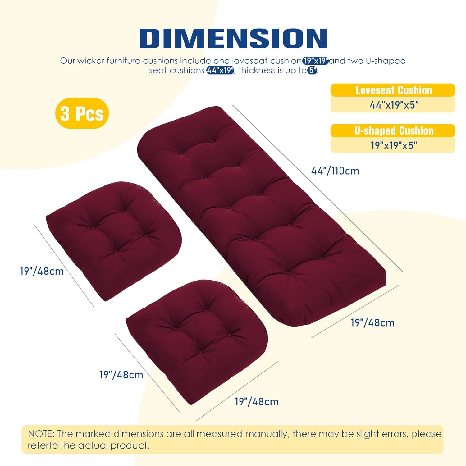 Patio Furniture Cushions Outdoor, Waterproof Wicker Chair Cushions Set of 3, 1 Loveseat & 2 Seat Pads, Thick Outdoor Replacement Cushions for Porch Lawn Bench Couch Sofa Swing, Burgundy