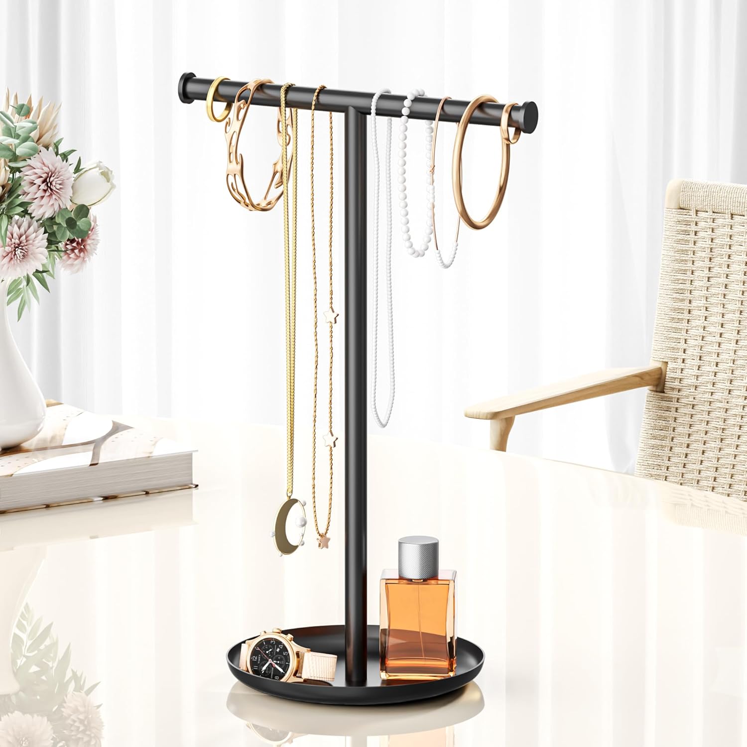Necklace Organizer Stand with Storage Tray - 12.6" Tall T-Shaped Jewelry Holder Stand for Bracelets, Earrings, Rings | Stylish Home & Vanity Décor for Women, Black.