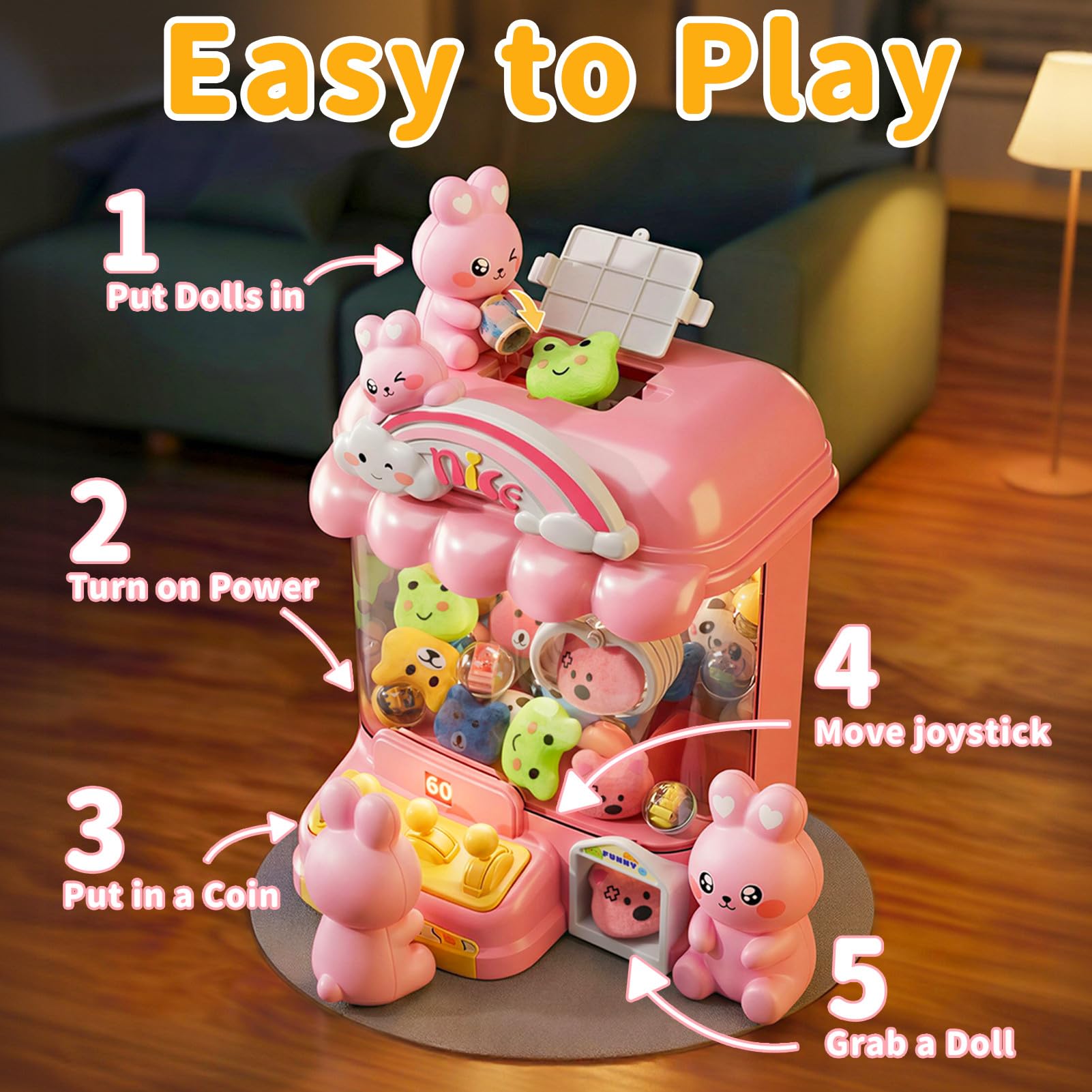 Giocattolo mini macchina premi con coniglietto JeeMoien per bambini, distributore con regolazione volume e musica, adatto 3-8 anni, regalo compleanno e feste per bambine 3,4,5,6,7,8 anni
